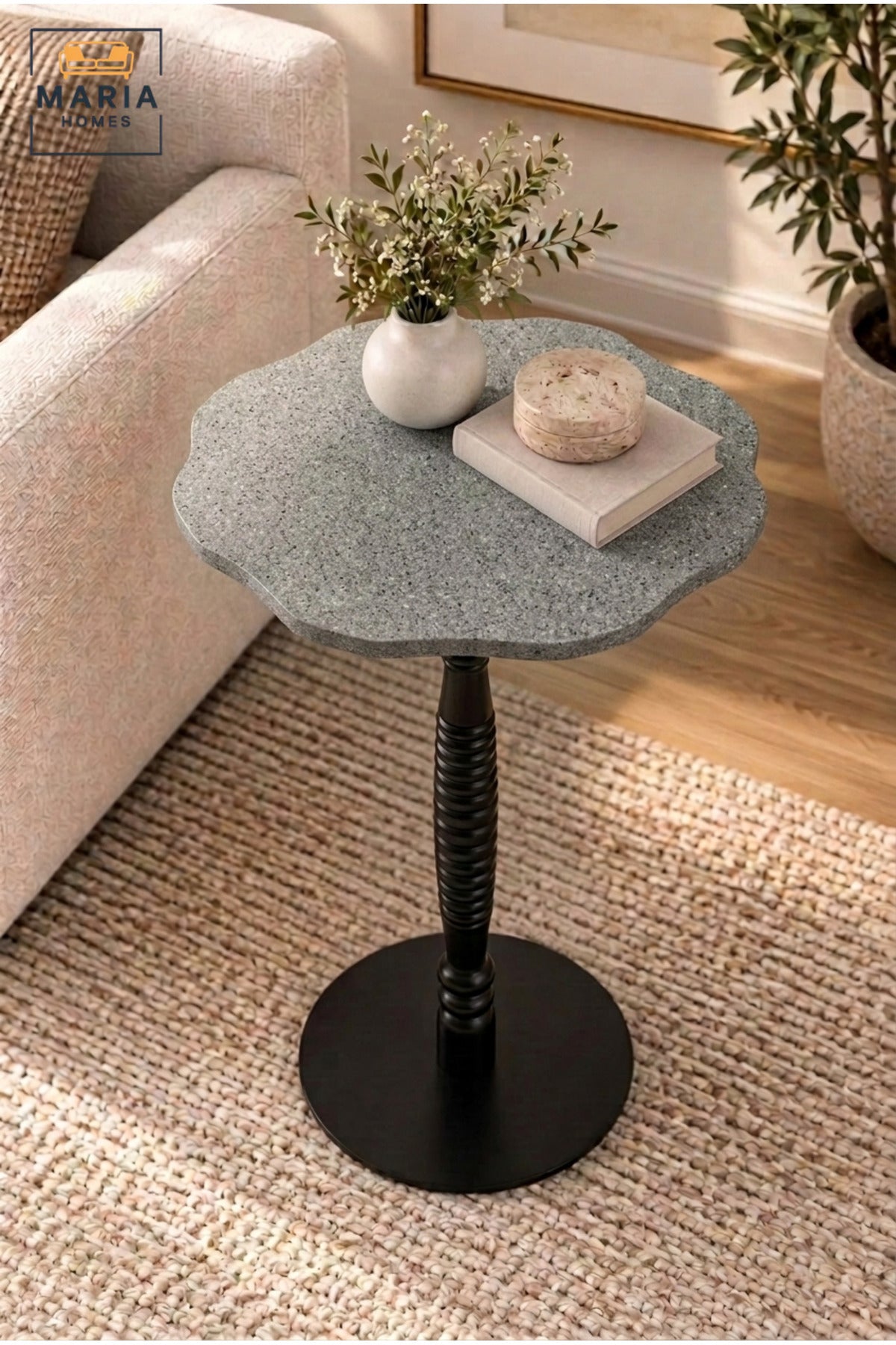 Modern Grey Top Side Table with Decorative Black Pedestal Base, Compact Accent Table for Living Room, Bedroom, Sofa Side & Lounge – 40 × 60 cm