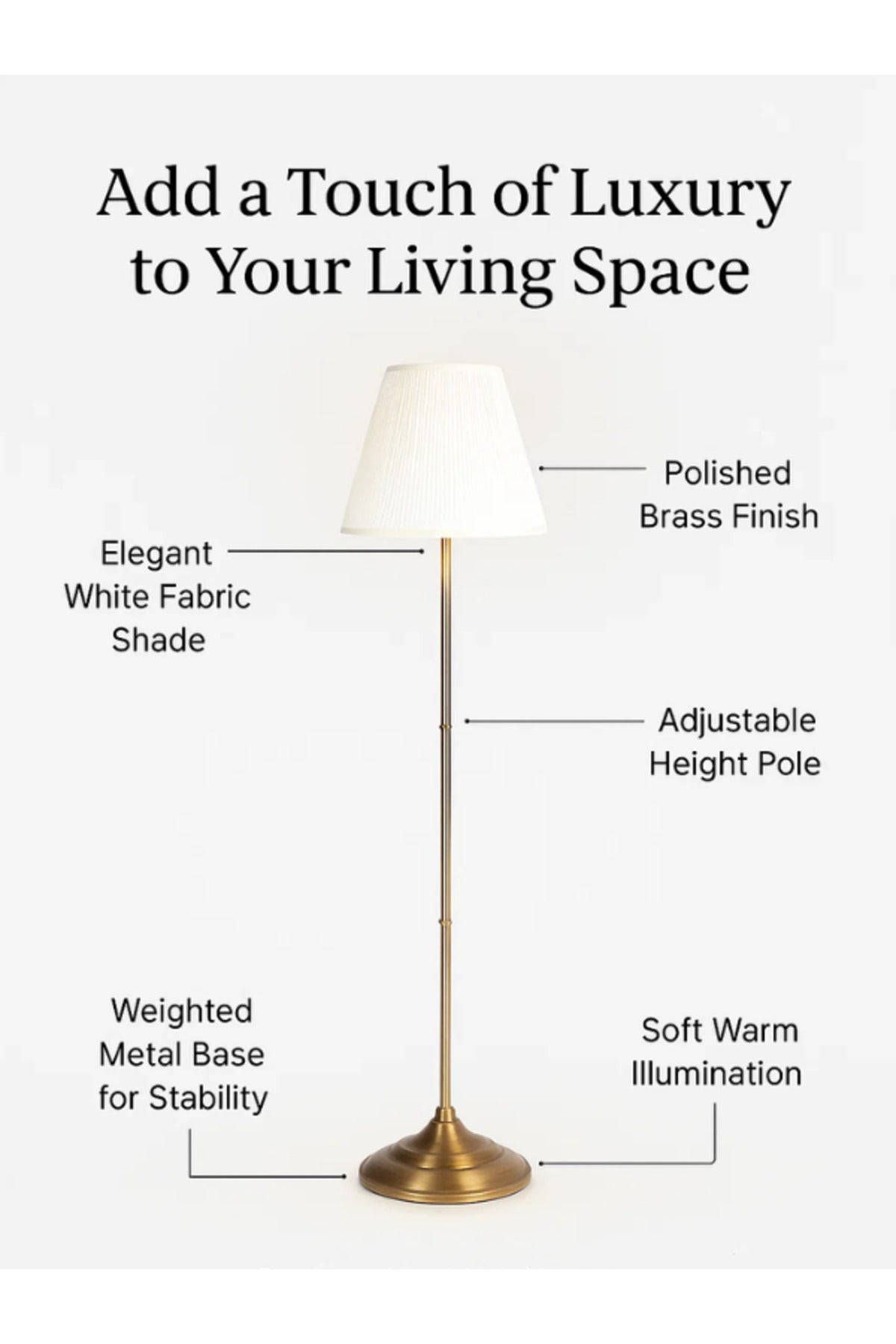 Modern Brass Floor Lamp Ð Fixed Metal Stand with White Fabric Shade for Living Room & Bedroom
