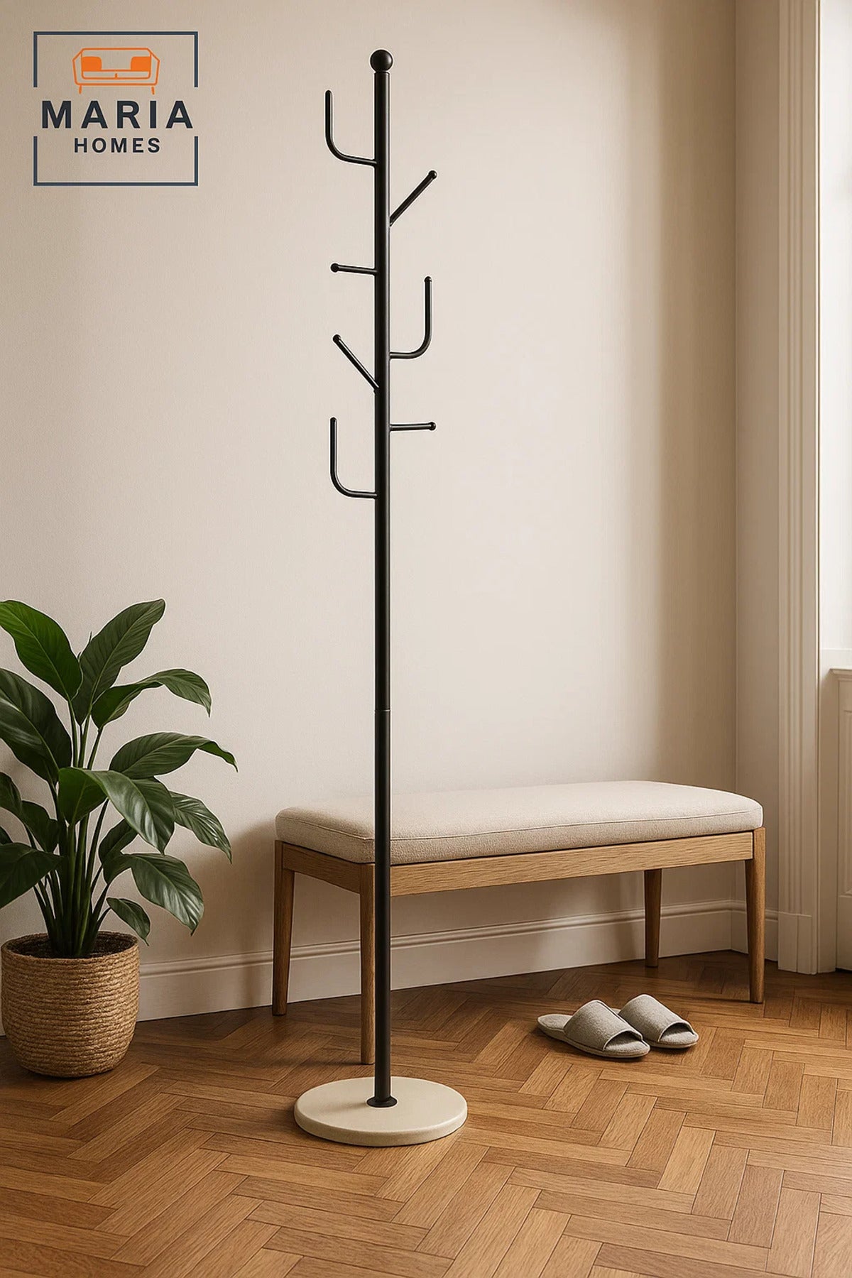 Black Metal Coat Rack with Hooks and Round Marble Base