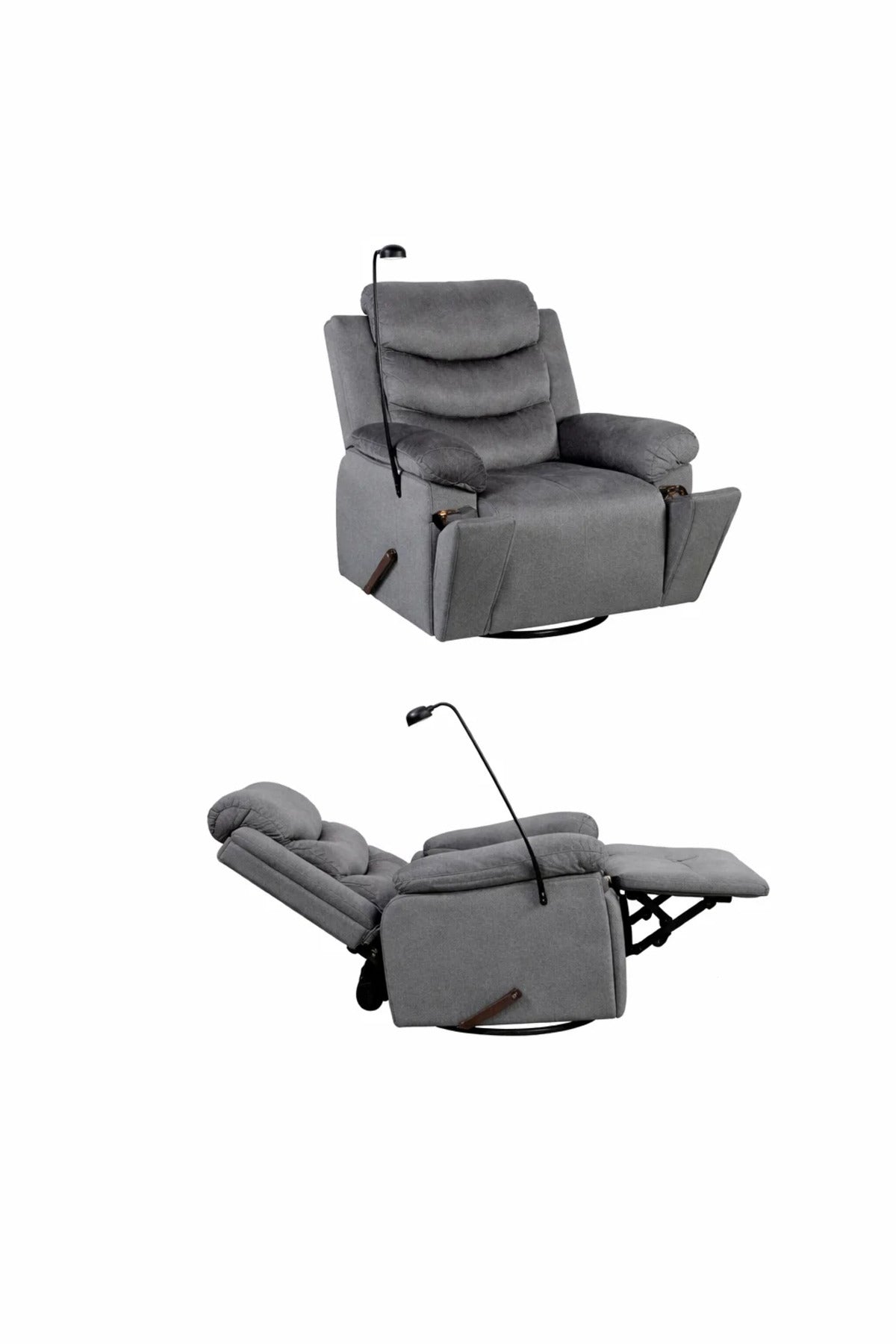 Premium Dark Grey Swivel Rocking Recliner Chair with Adjustable Mobile Holder for Home Relaxation