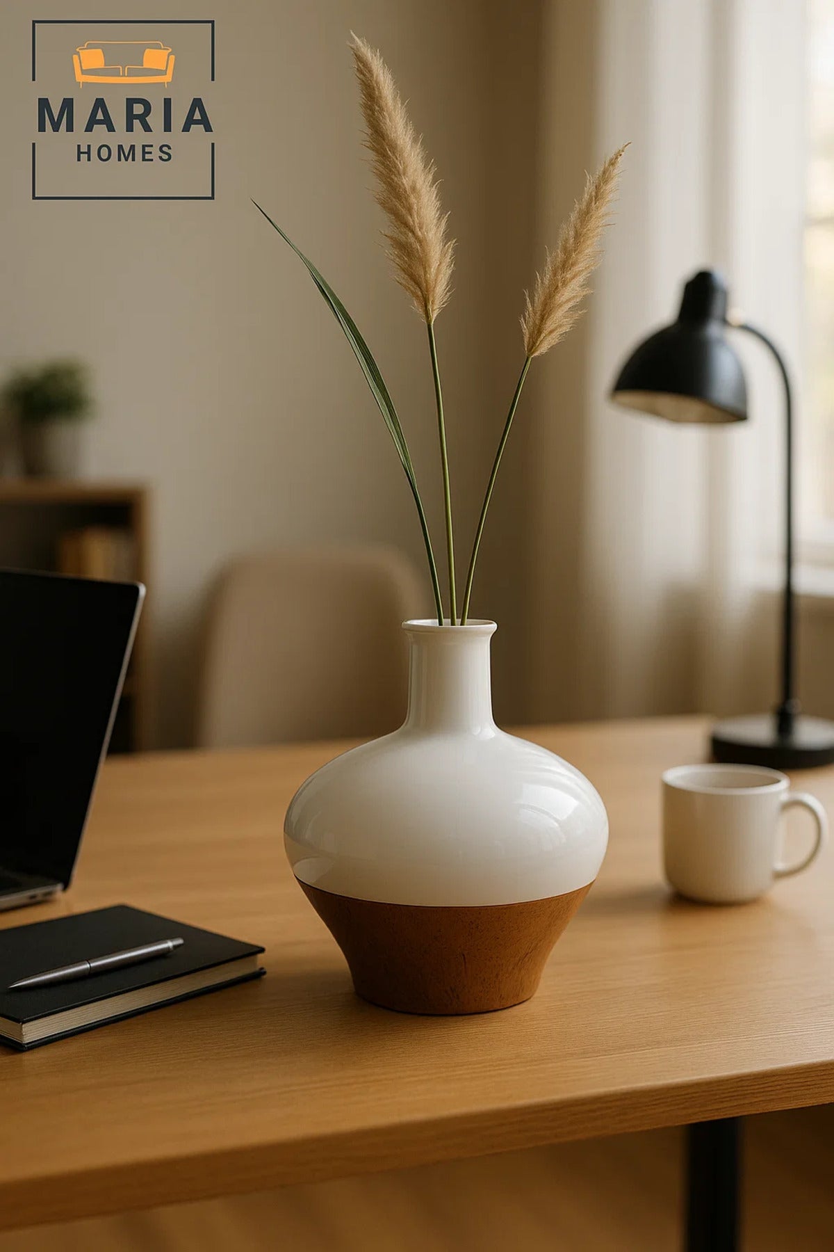 White and Cork Finish Ceramic Vase – Wide Round Decorative Flower Pot