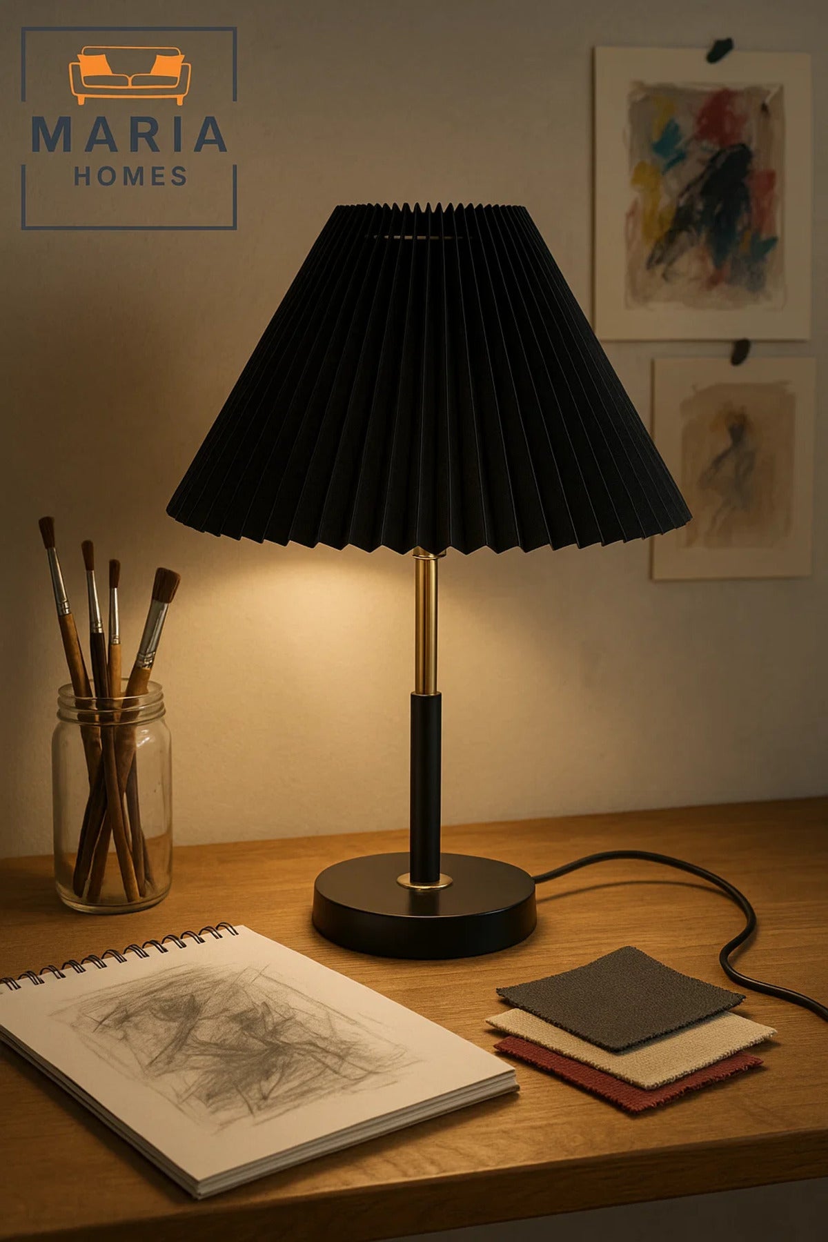 Black Table Lamp with Pleated Shade