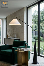 Modern Arc Floor Lamp with Long Curved Arm, Conical Base and Wide Fabric Shade Overhanging Standing Light for Living Room Bedroom and Reading Corner