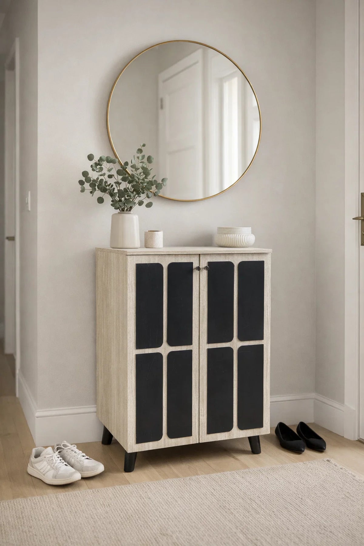 Modern Grey Wooden Shoe Cabinet 2-Door Storage Organizer with Dark Accents for Entryway Hallway