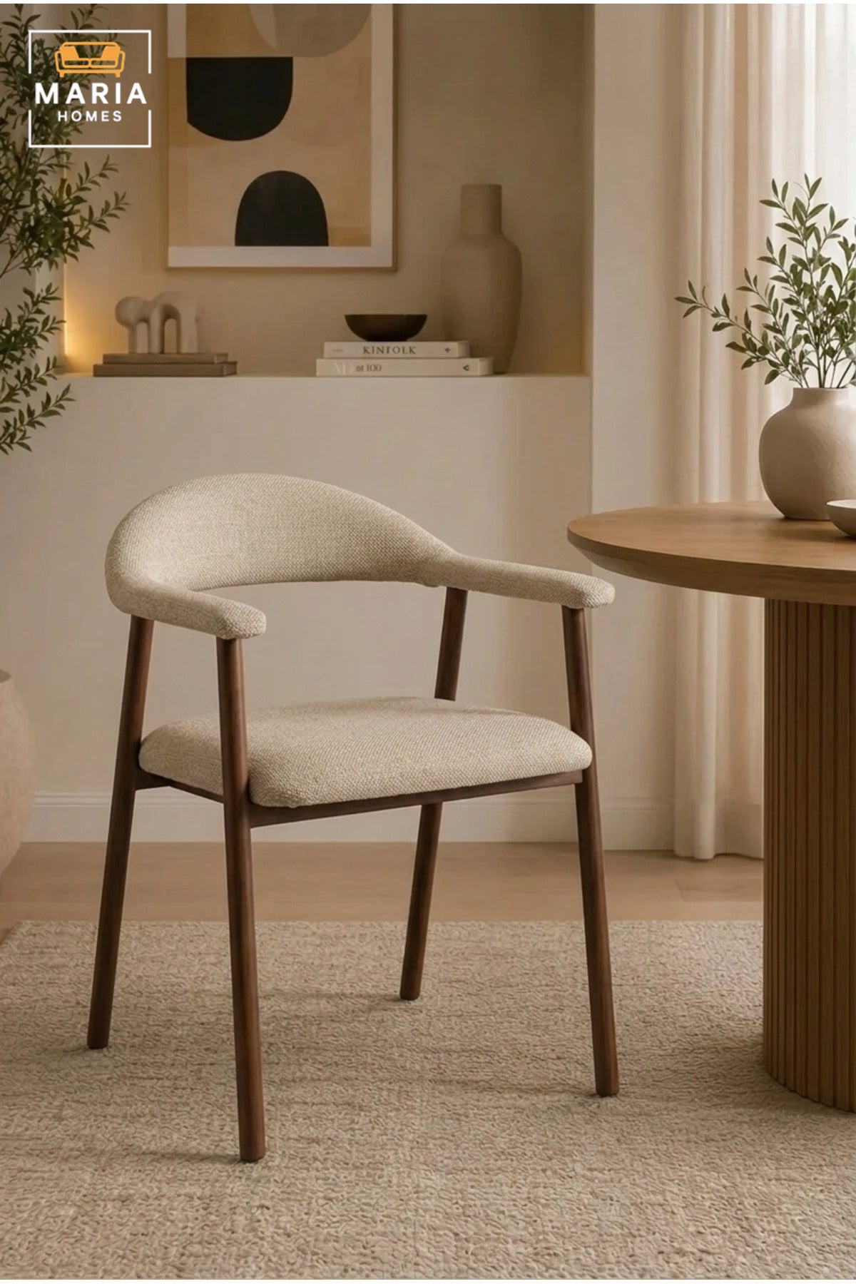 Modern Upholstered Dining Chair with Curved Backrest, Solid Wood Frame, Fabric Seat, Contemporary Dining Room Kitchen Chair