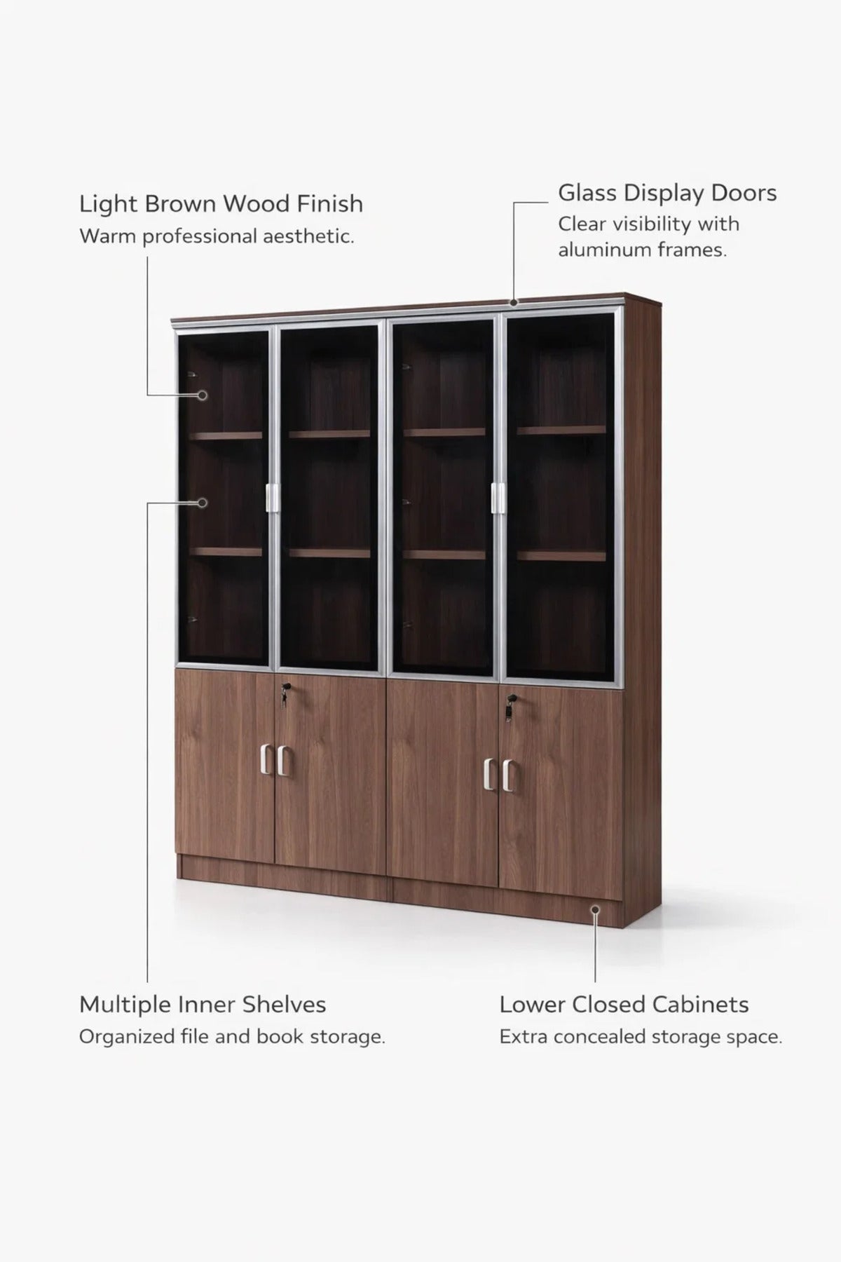 Modern Light Brown Office File Cabinet with Glass Display Doors and Secure Storage 160cm Wide