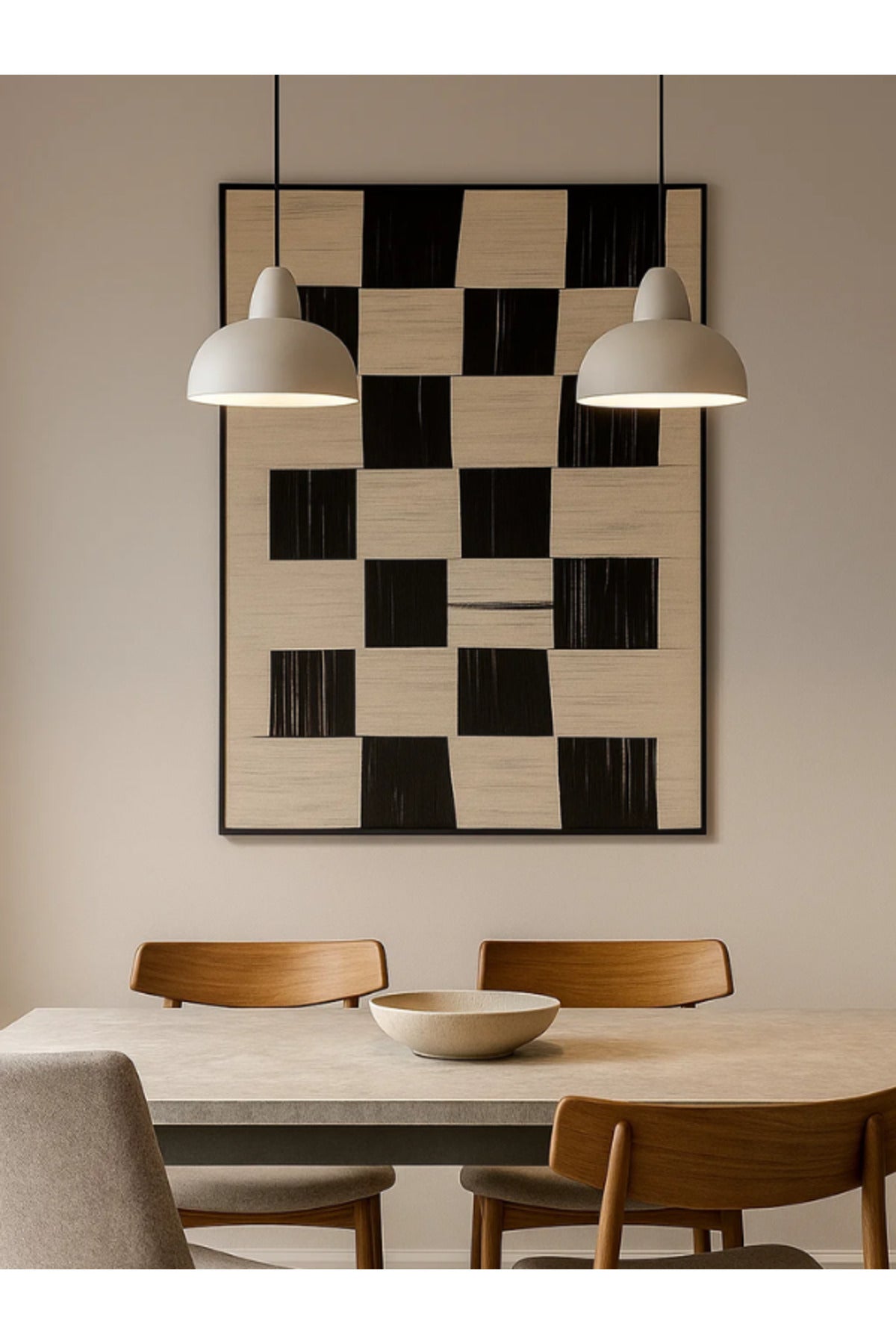 Modern Geometric Wall Art Ð 120_80 cm Beige and Black Checkered Framed Canvas DŽcor