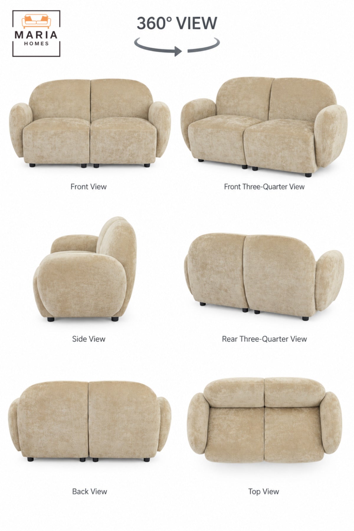 Modern 2 Seater Upholstered Loveseat Sofa with Rounded Backrest, Curved Armrests & Deep Cushioned Seats for Living Room, Bedroom and Lounge