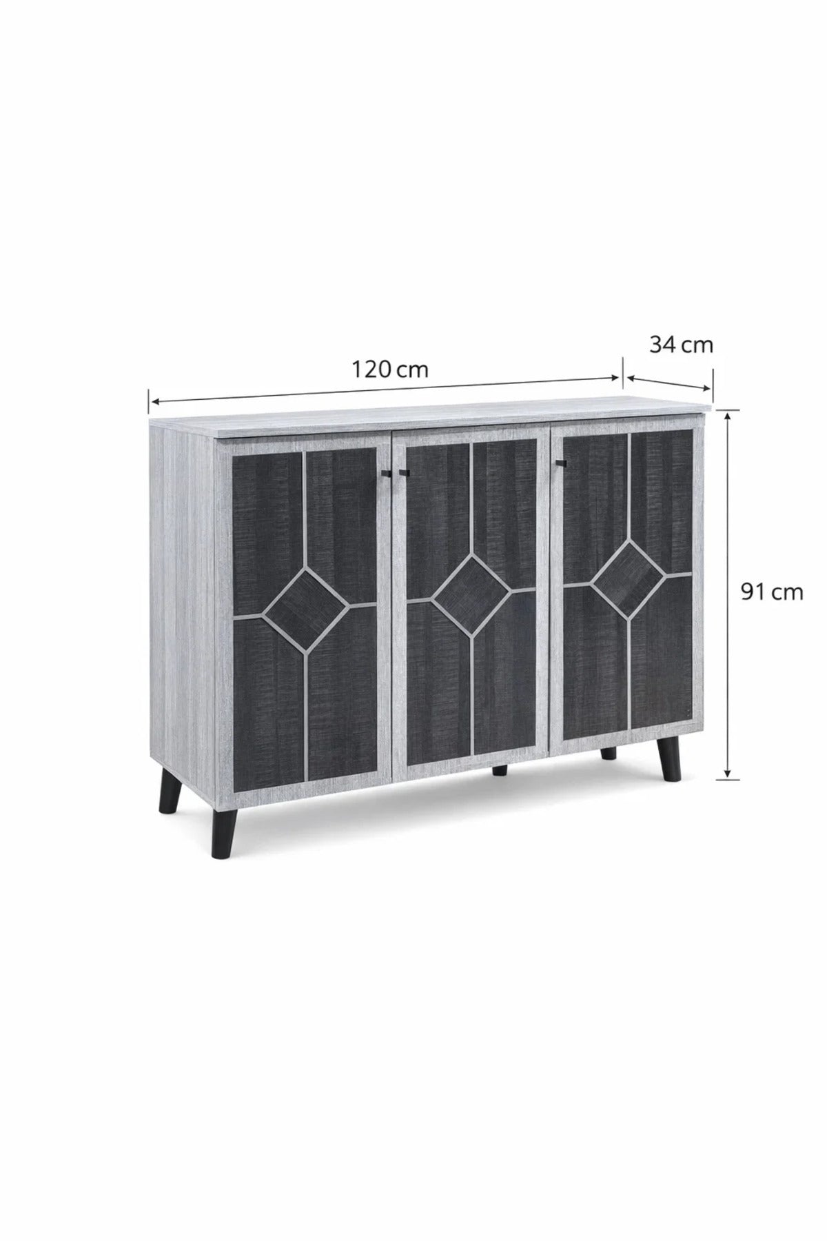 Modern Grey Wood Shoe Cabinet 3-Door Entryway Organizer Rack Geometric Design 120cm Width