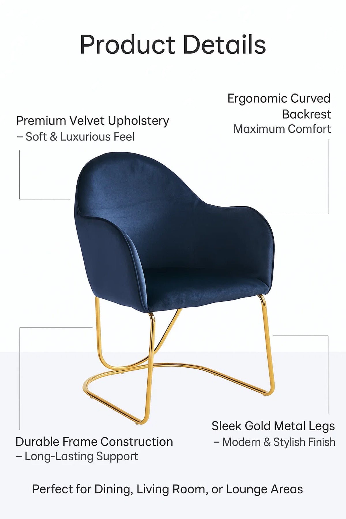 Luxury Velvet Accent Chair with Gold Metal Legs, Modern Navy Blue Upholstered Dining & Office Chair