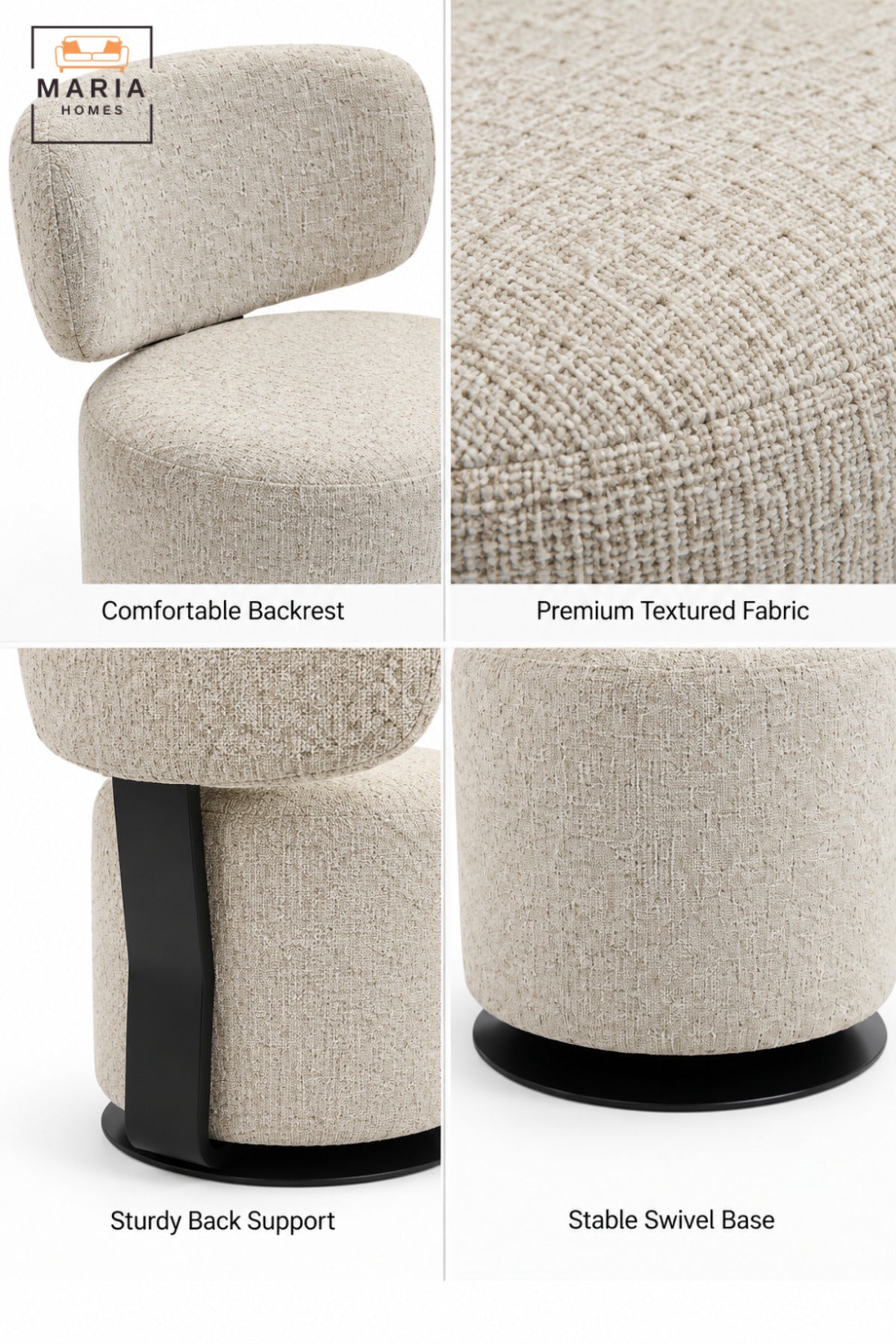 Modern 360° Swivel Arm Chair | Beige Upholstered Accent Chair with Curved Backrest, Padded Seat and Black Round Base for Living Room & Bedroom