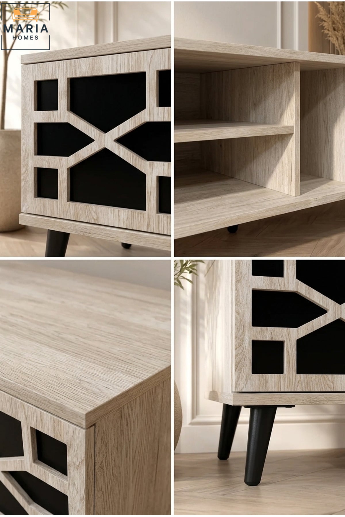 Modern TV Stand with Geometric Doors √ê Entertainment Unit with Open Storage Shelves