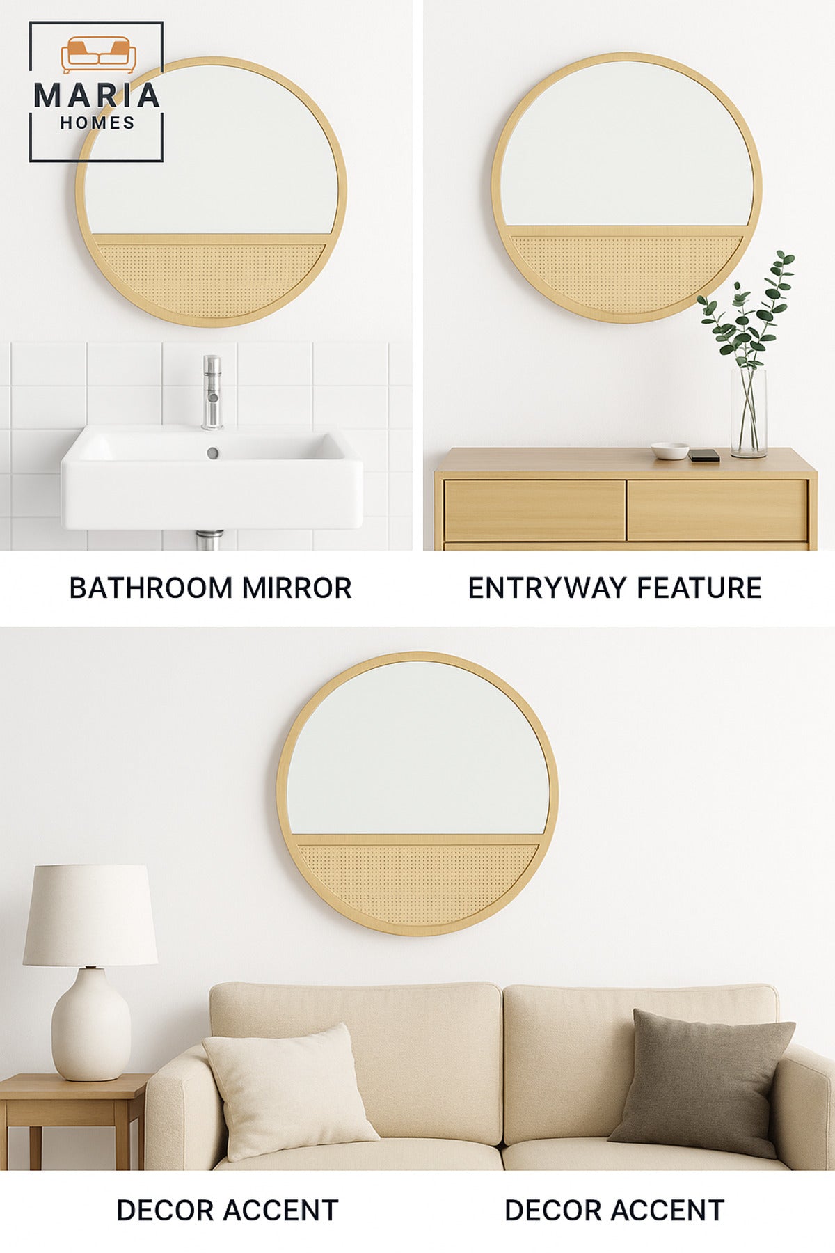 Round Wall Mirror 100 cm Ð Natural Wood Frame with Rattan Design
