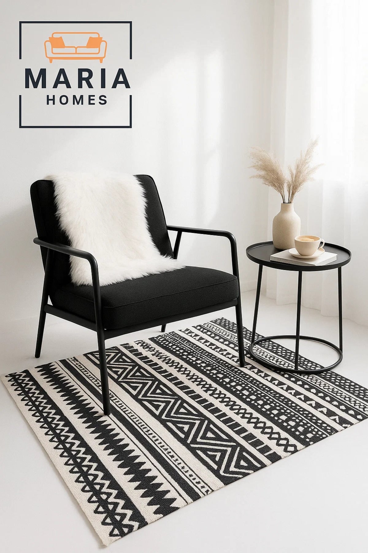 Black and Cream Tribal Pattern Cotton Runner Rug with Fringe Ðsize 90*150 cm