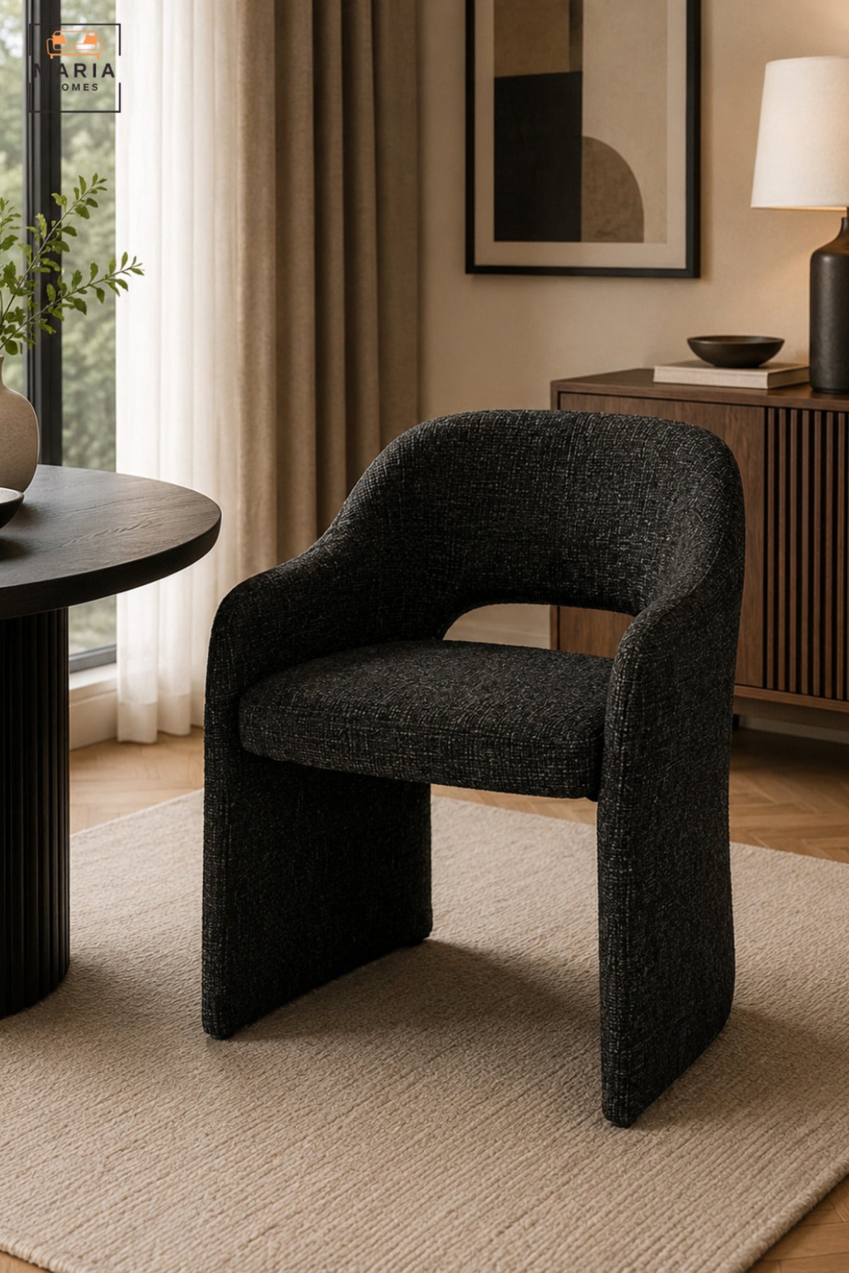 Modern Dark Grey Fabric Accent Chair with Curved Backrest, Integrated Armrests & Padded Seat, Contemporary Dining Lounge Chair for Living Room Office