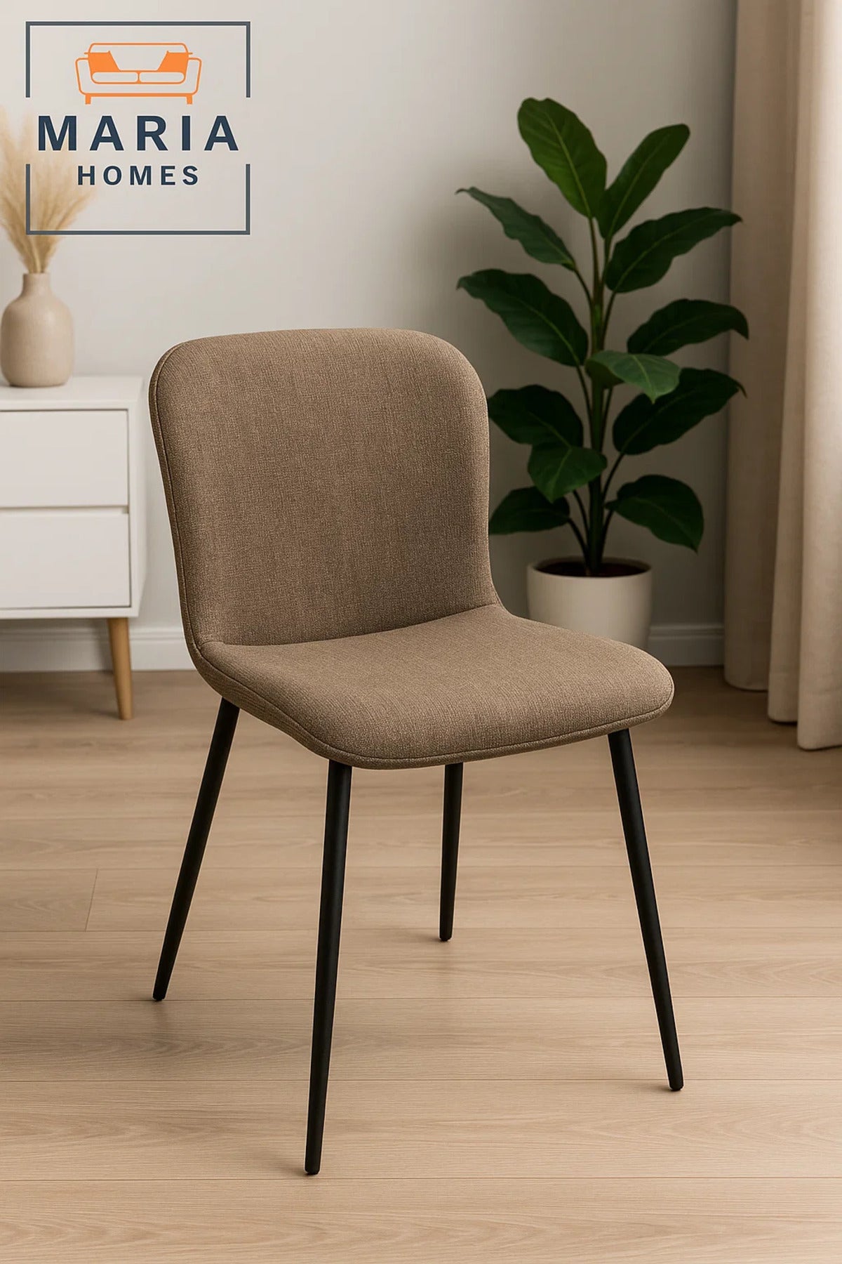 Textured Brown Fabric Dining Chair Ð Upholstered Seat with Black Metal Legs for Home or CafŽ Use