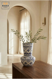 Blue and White Patterned Decorative Vase, Modern Ceramic Flower Holder with Tall Neck and Rounded Base for Living Room, Bedroom, Shelf and Table Décor