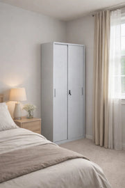 Modern Grey Metal Office Wardrobe with Sliding Doors and Lockable Shelves for Secure Storage
