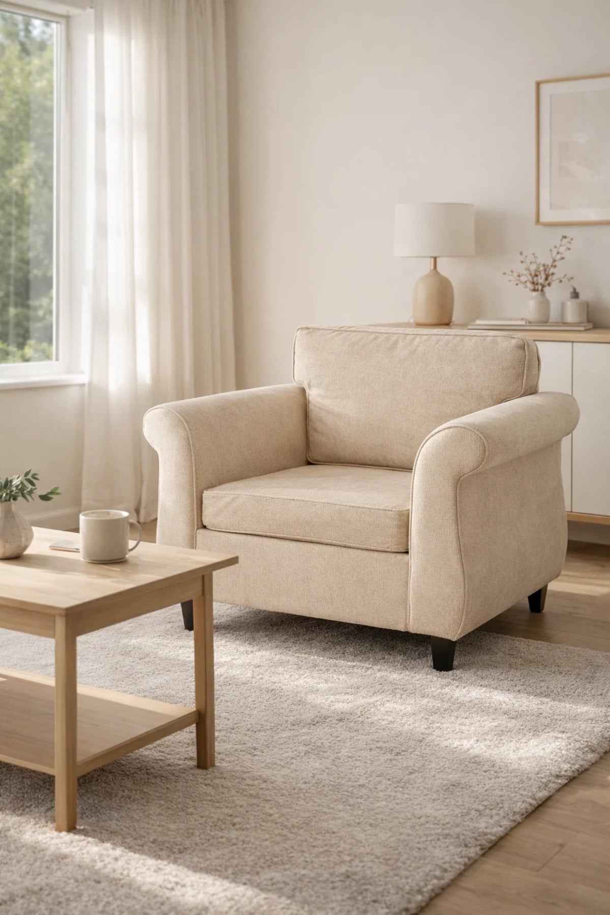 Beige Single Seater Sofa with Cushioned Seat and Classic Design