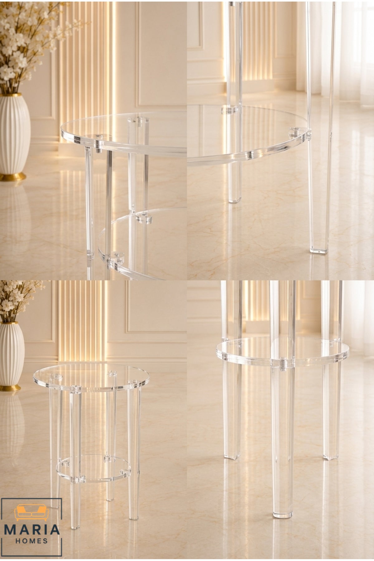 Round Acrylic Center Table Set – Clear 2-Tier Design with Lower Shelf