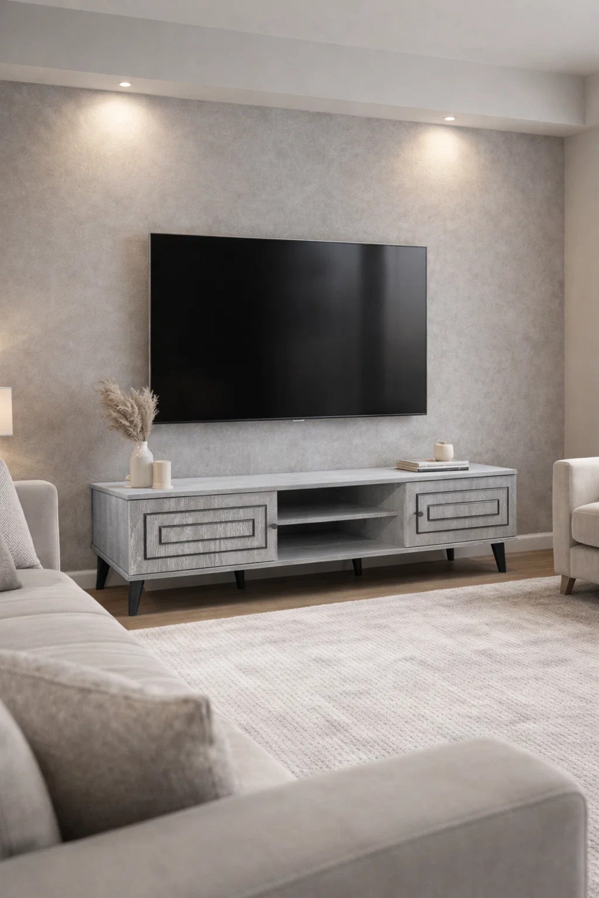 Elegant Grey TV Unit 180cm Wide Entertainment Center with Storage and Modern Legs for Living Area