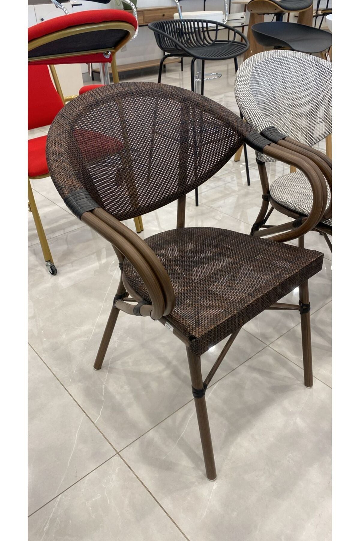 1 PCS Brown Wicker Dining Chair with Armrests Rattan Design