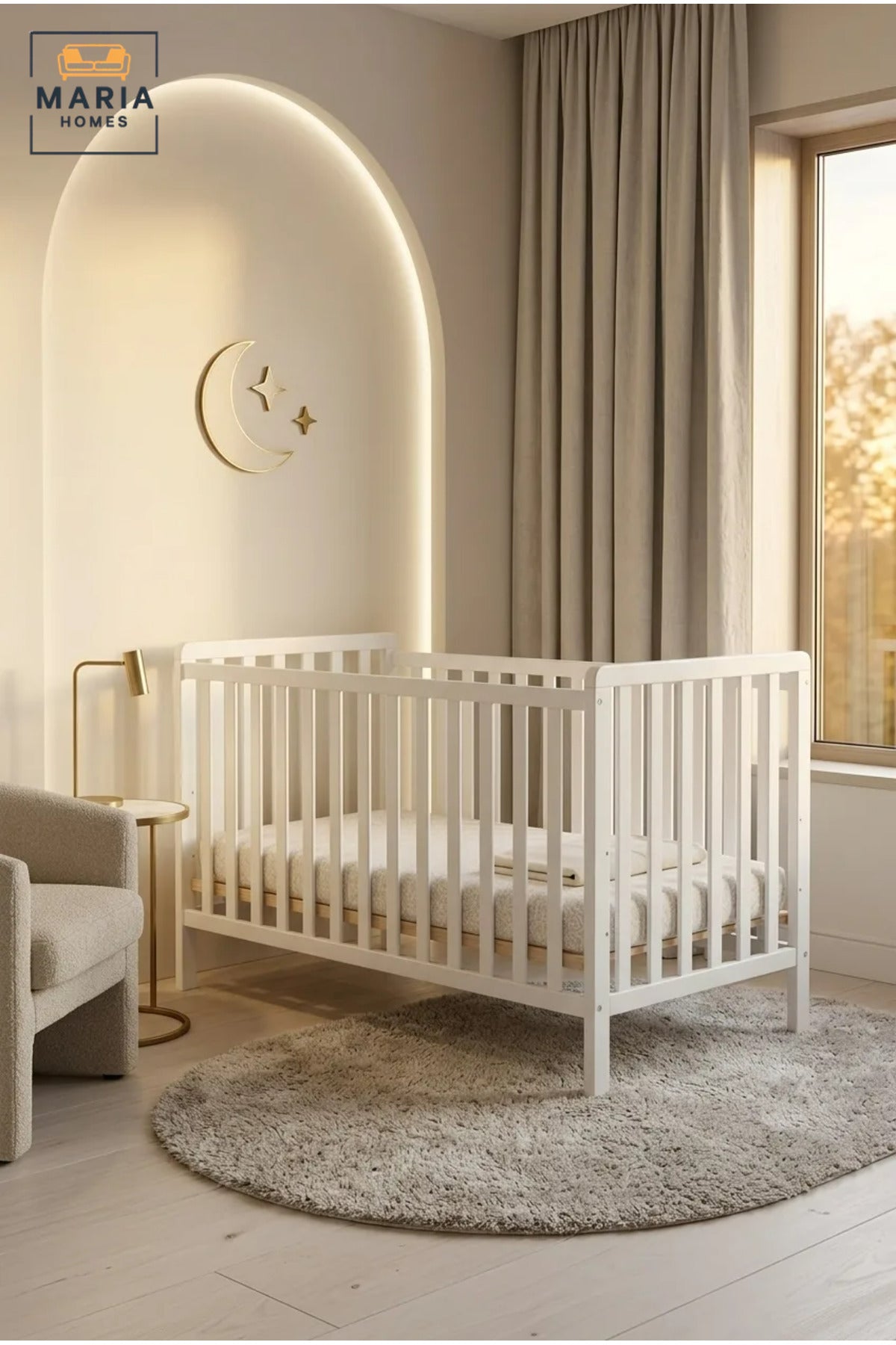 Wooden Baby Cot with Slatted Safety Rails, Modern Nursery Crib Bed with Raised Sleeping Base for Newborn Babies, Infants and Toddlers