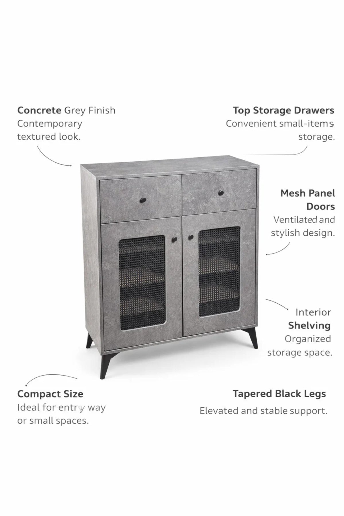 Modern Grey Shoe Cabinet Sideboard with Mesh Doors and Two Drawers for Home Entrance Storage Unit