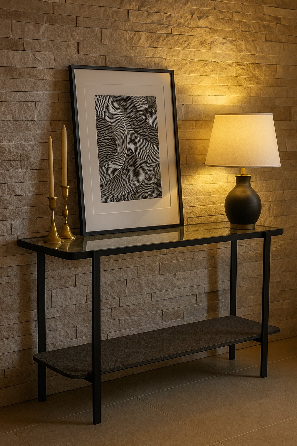 Modern Glass Console Table with Black Metal Frame & Bottom Shelf Ð 140_40_80 cm
