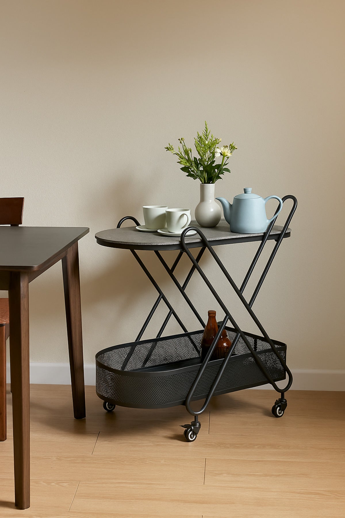 Gray Metal Serving Trolley Ð 2-Tier Industrial Bar Cart with Mesh Basket & Wheels 70_44_85 cm