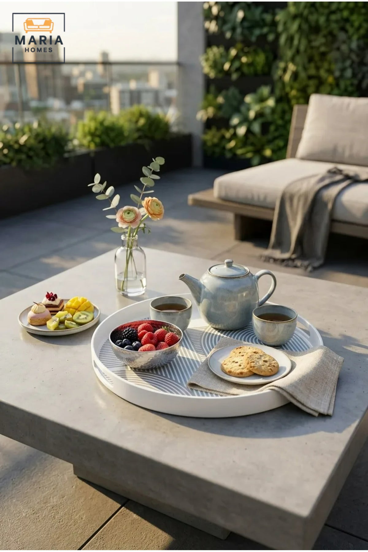 Round Serving Tray with Built-In Handles, Raised Rim and Geometric Pattern, Multipurpose Food and Drinks Tray for Kitchen, Dining, Café and Hotel