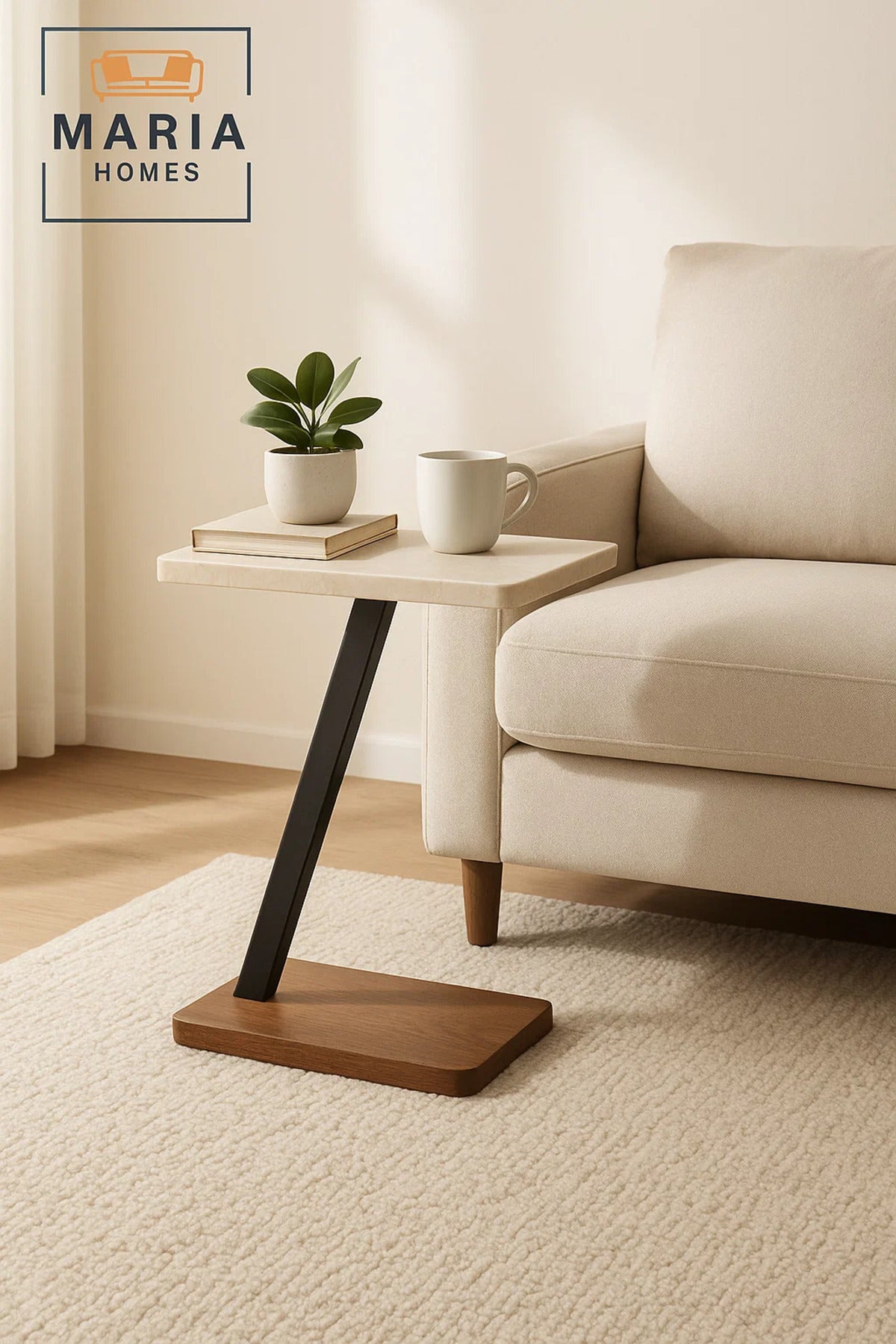 Modern Beige Marble C Shaped Side Table 40_25_60 cm Ð Sofa Laptop and Snack Table