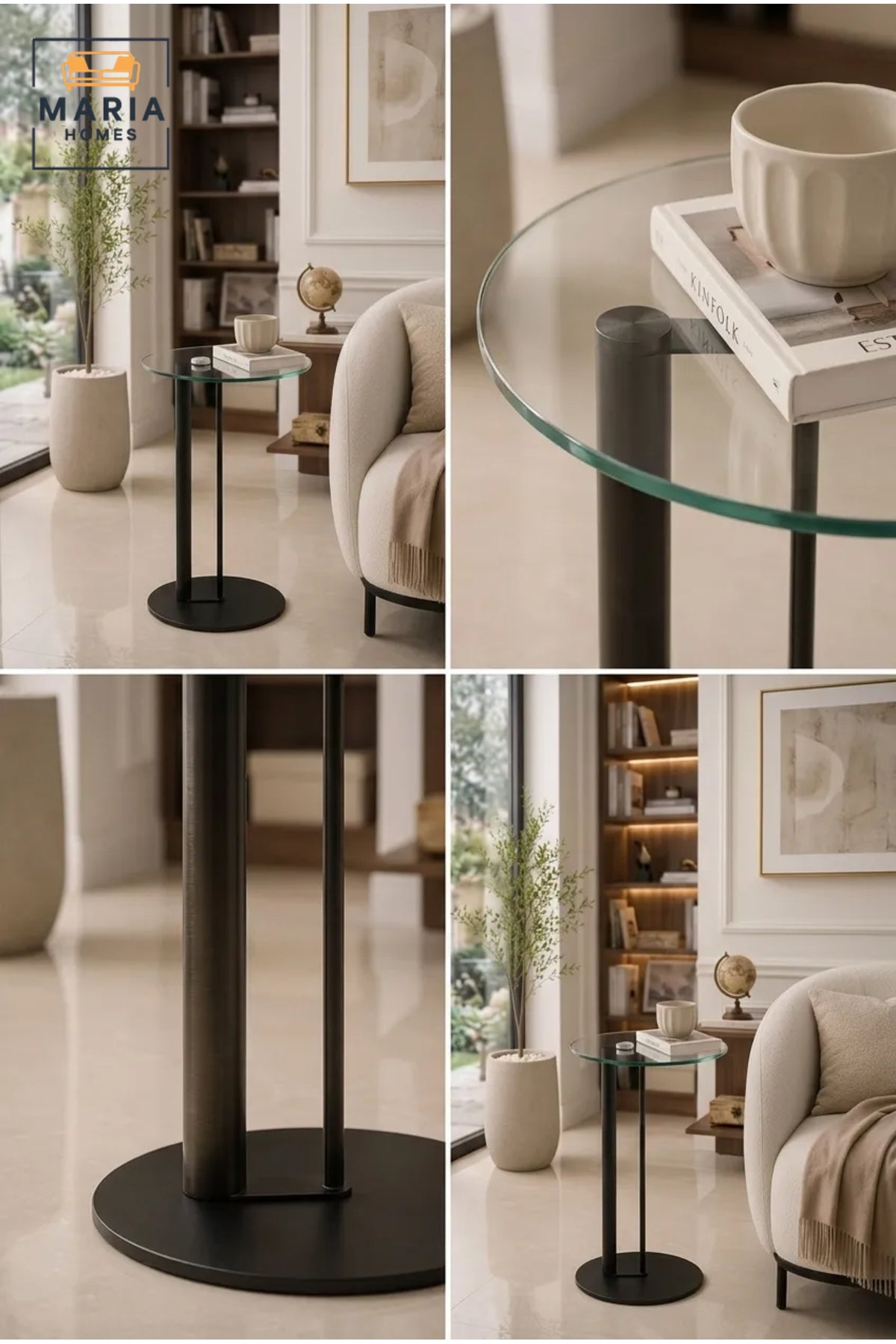 Modern Round Glass Side Table with Black Metal Frame and Minimalist Pedestal Base
