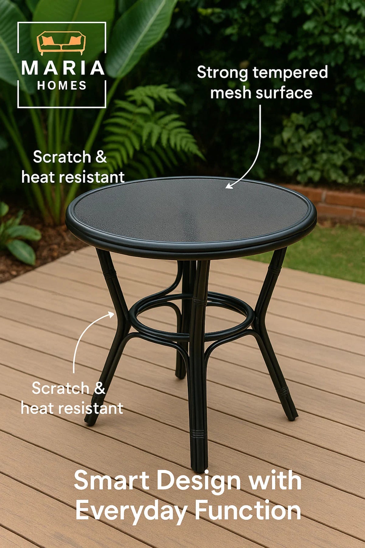 Round Black Rattan Bistro Table with Tempered Glass Top