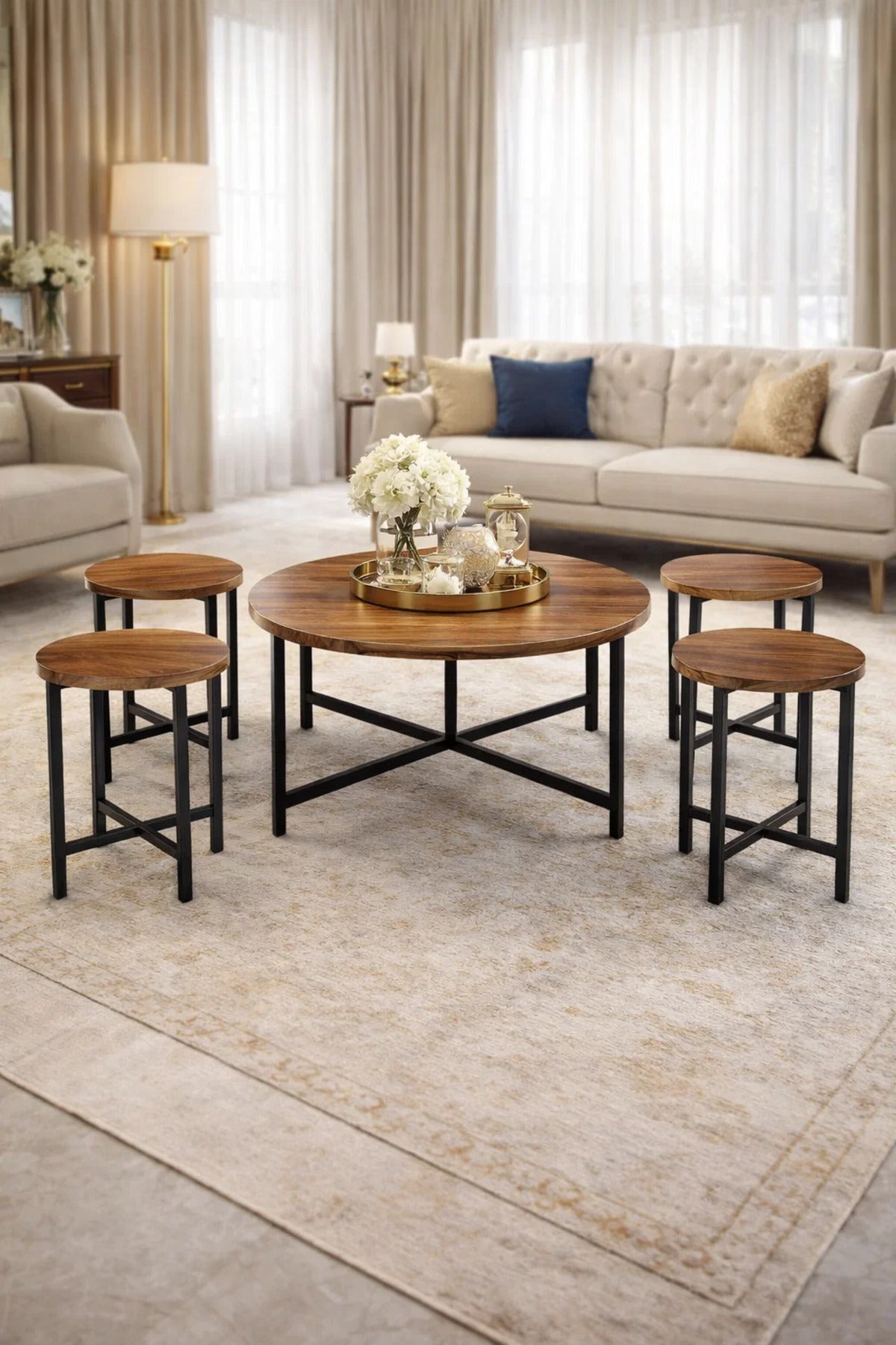 Rustic 5-Piece Round Nesting Coffee Table Set Industrial Wood Top Metal Legs Living Room Home