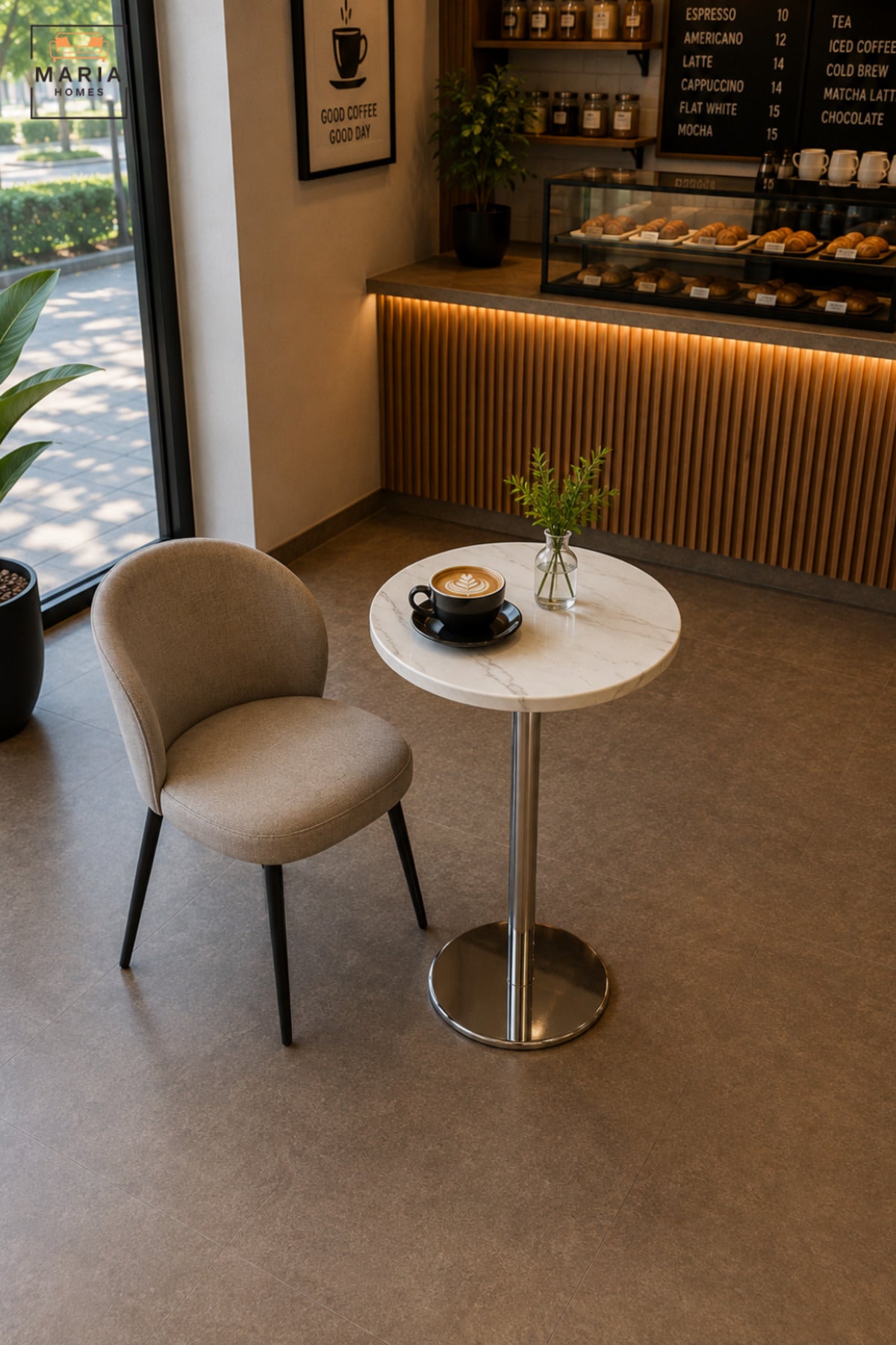 Modern Round Café Table with White Top, Polished Silver Pedestal Base & Minimalist Design, Bistro Table for Coffee Shop Restaurant Dining Area, 60 x 35 CM