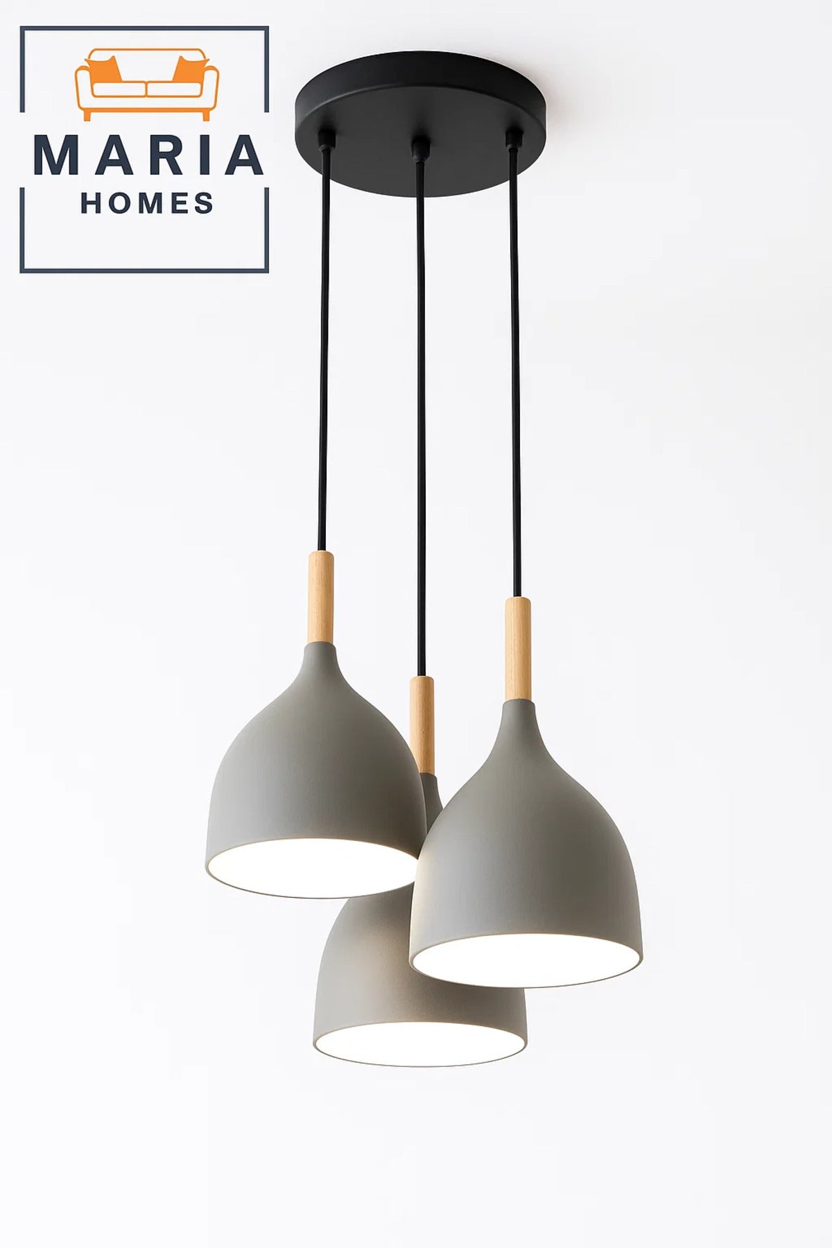 Triple Pendant Light with Wood and Matte Grey Finish