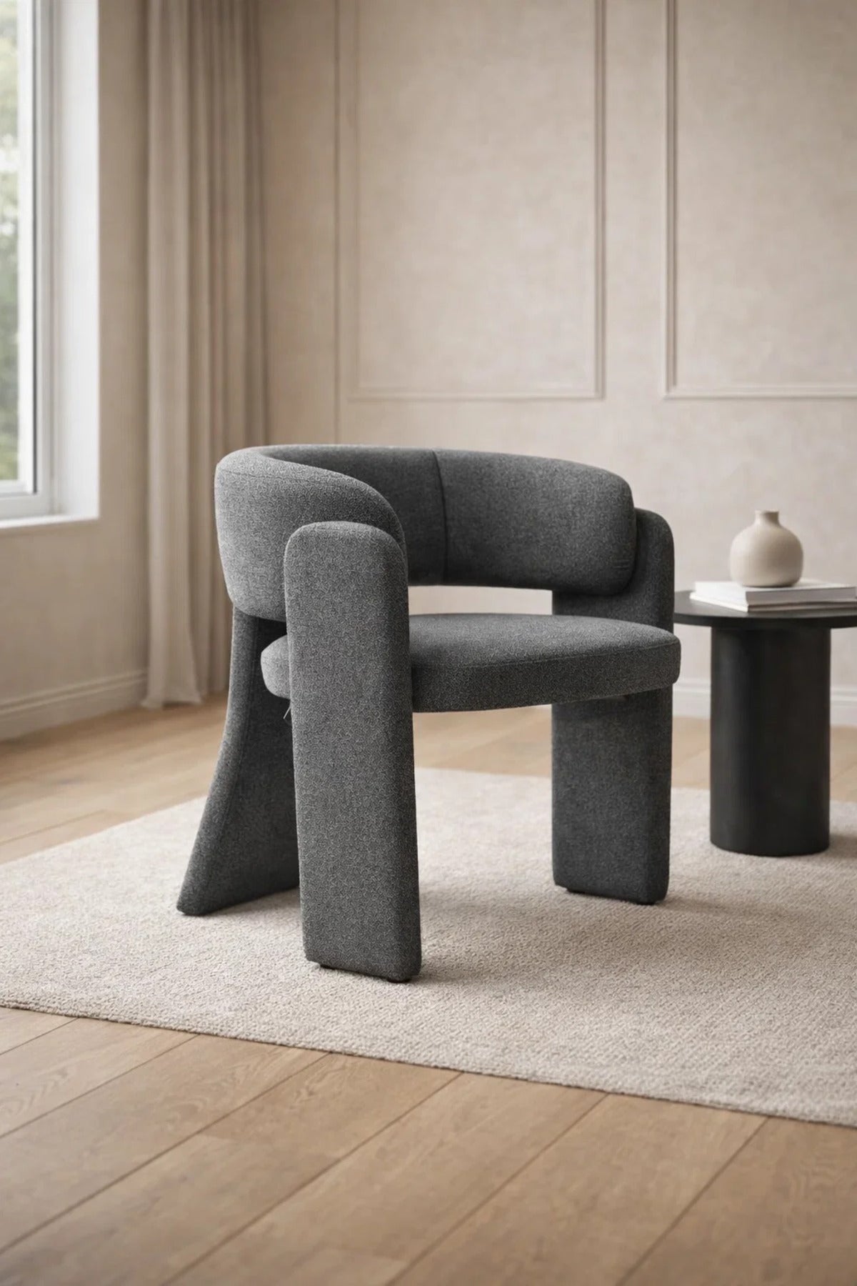 Modern Dark Grey Sculptural Upholstered Accent Chair for Living Room Dining and Home Office Use
