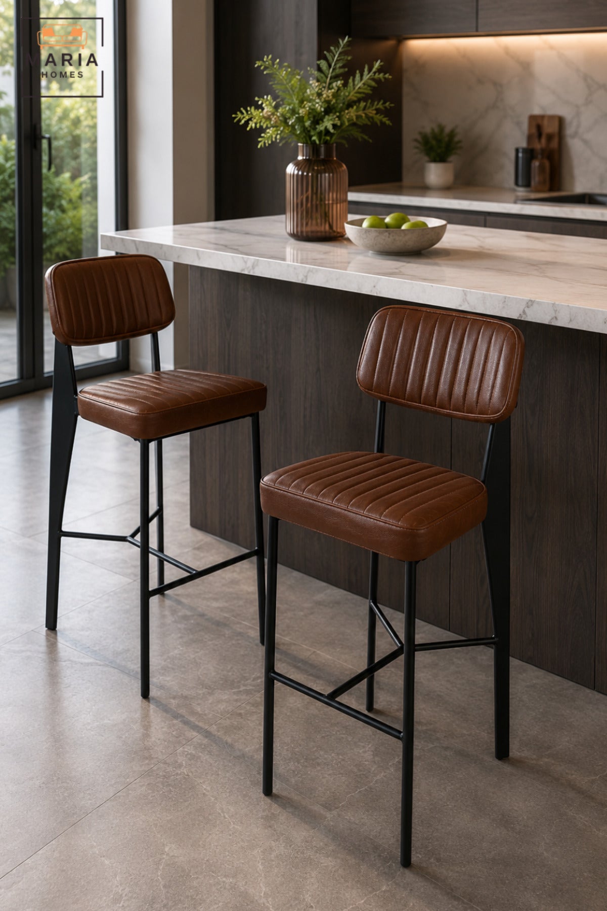 Modern Upholstered Bar Stool with Padded Ribbed Seat, Supportive Backrest and Integrated Footrest | High Kitchen Counter Chair for Café and Dining