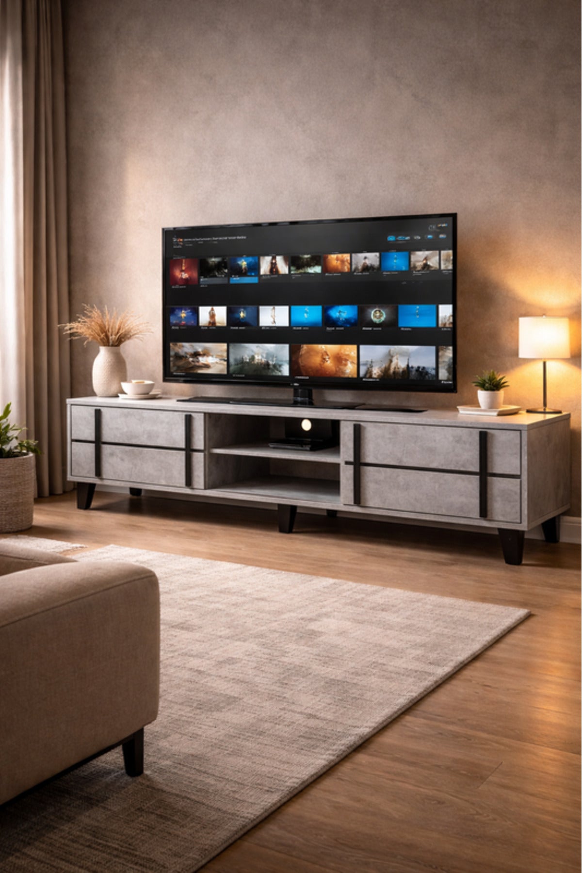 Stylish Grey TV Unit with Storage Cabinets Modern Media Console for Living Room Furniture 140cm
