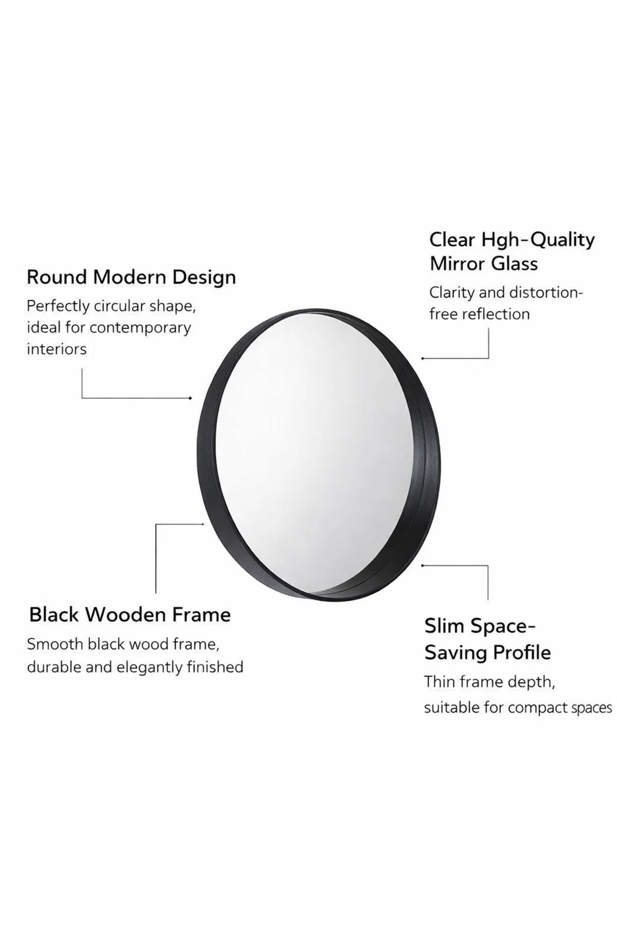 Modern Black Round Wall Mirror 70cm Wooden Frame Decorative Circle Mirror for Bathroom Bedroom
