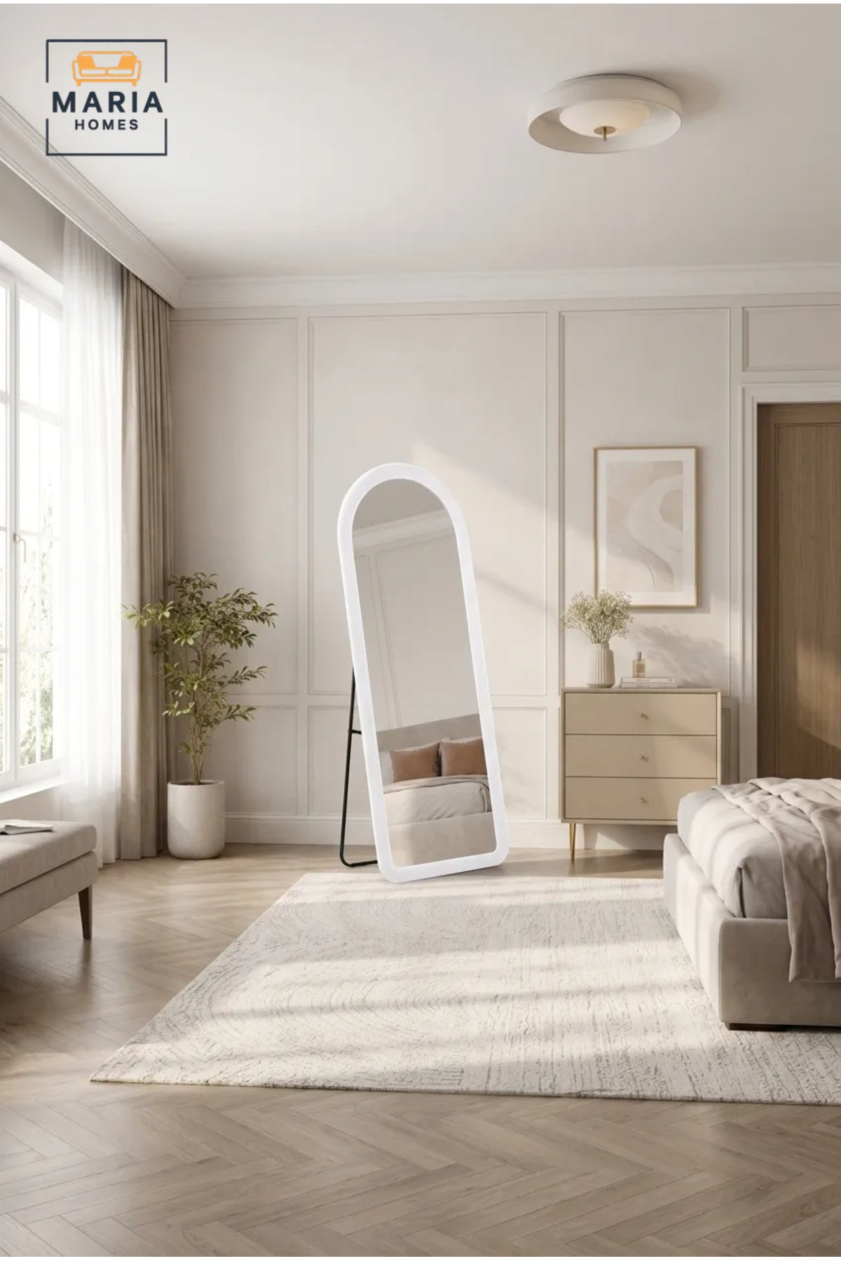 Full Length Arched Floor Mirror √ê White Wooden Frame, Free Standing with Metal Stand