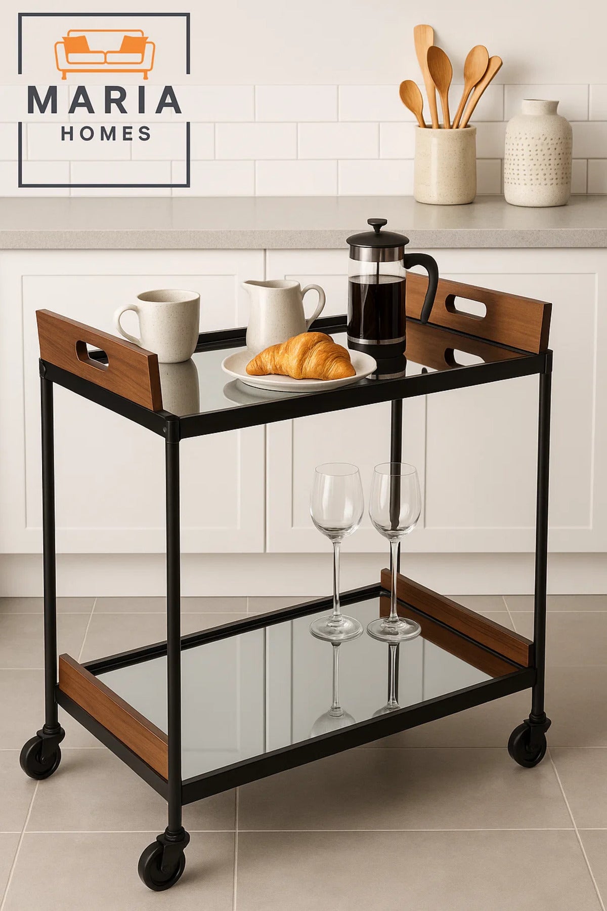 Modern Mirror Bar Cart Ð 2-tier Serving Trolley With Wood Accents And Black Metal Frame On Wheels