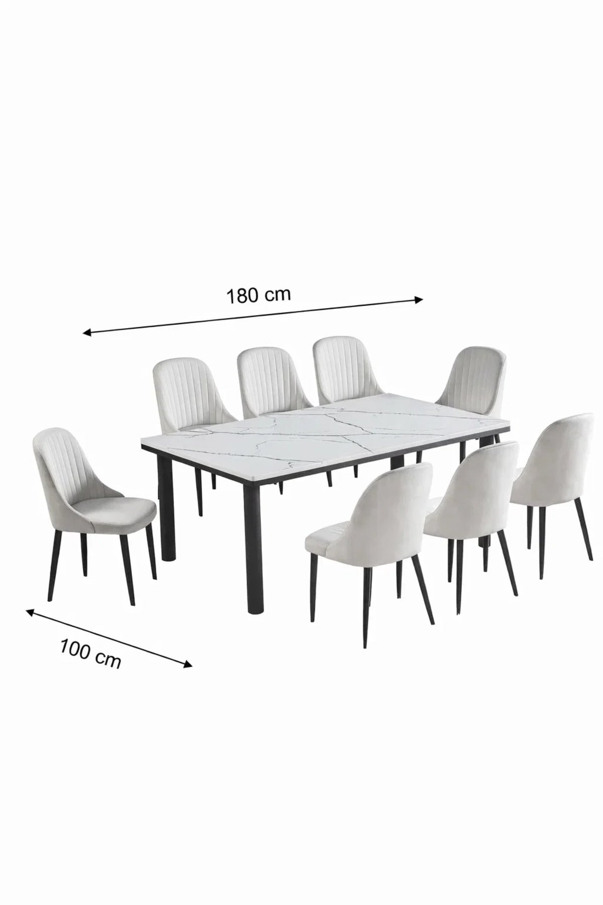 Modern 9-Piece Dining Set Faux Marble Table 180cm with 8 Light Grey Velvet Upholstered Chairs