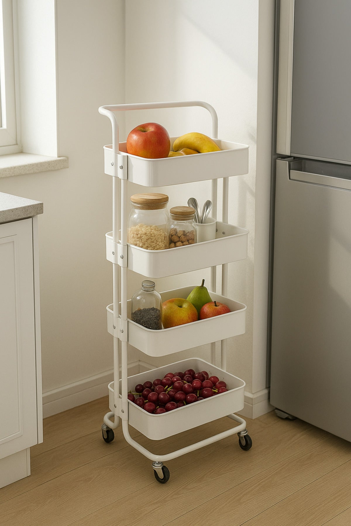 4-Layer White Metal Storage Trolley with Wheels Ð Multi-Purpose Rolling Organizer Cart