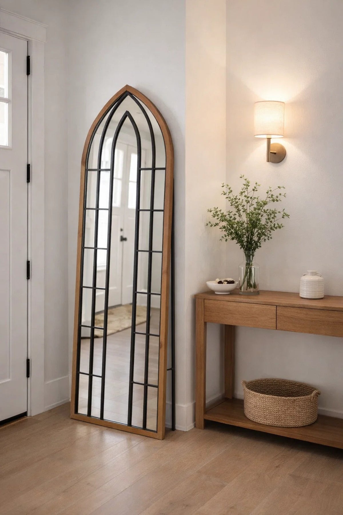 Arched Full Length Floor Mirror Window Design Wooden Frame 160x60cm Natural Finish