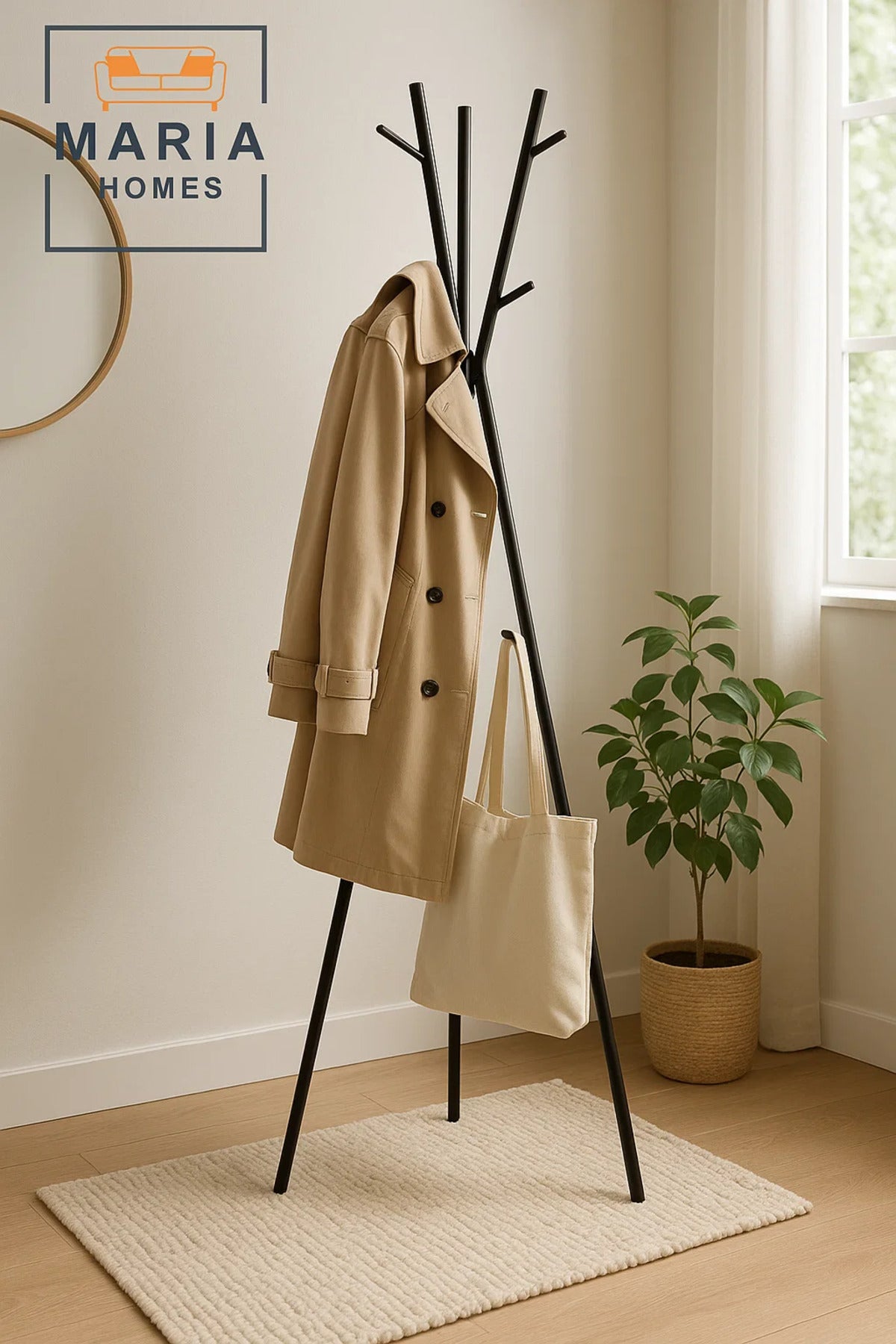 Tripod-Style Black Metal Coat Rack with Angled Hooks
