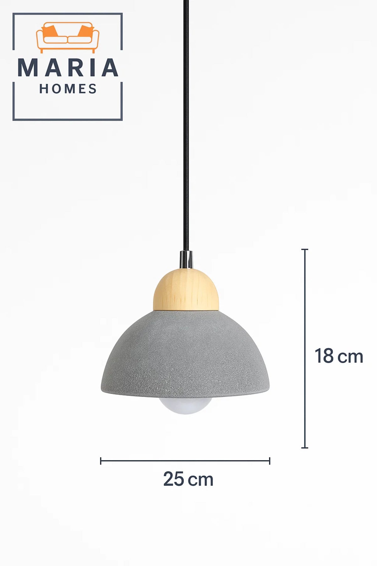 Textured Grey Dome Pendant Light with Wood Top