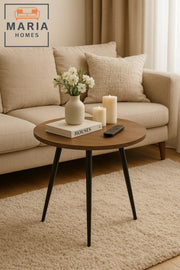 Round Light Wood Side Table with Black Tapered Legs