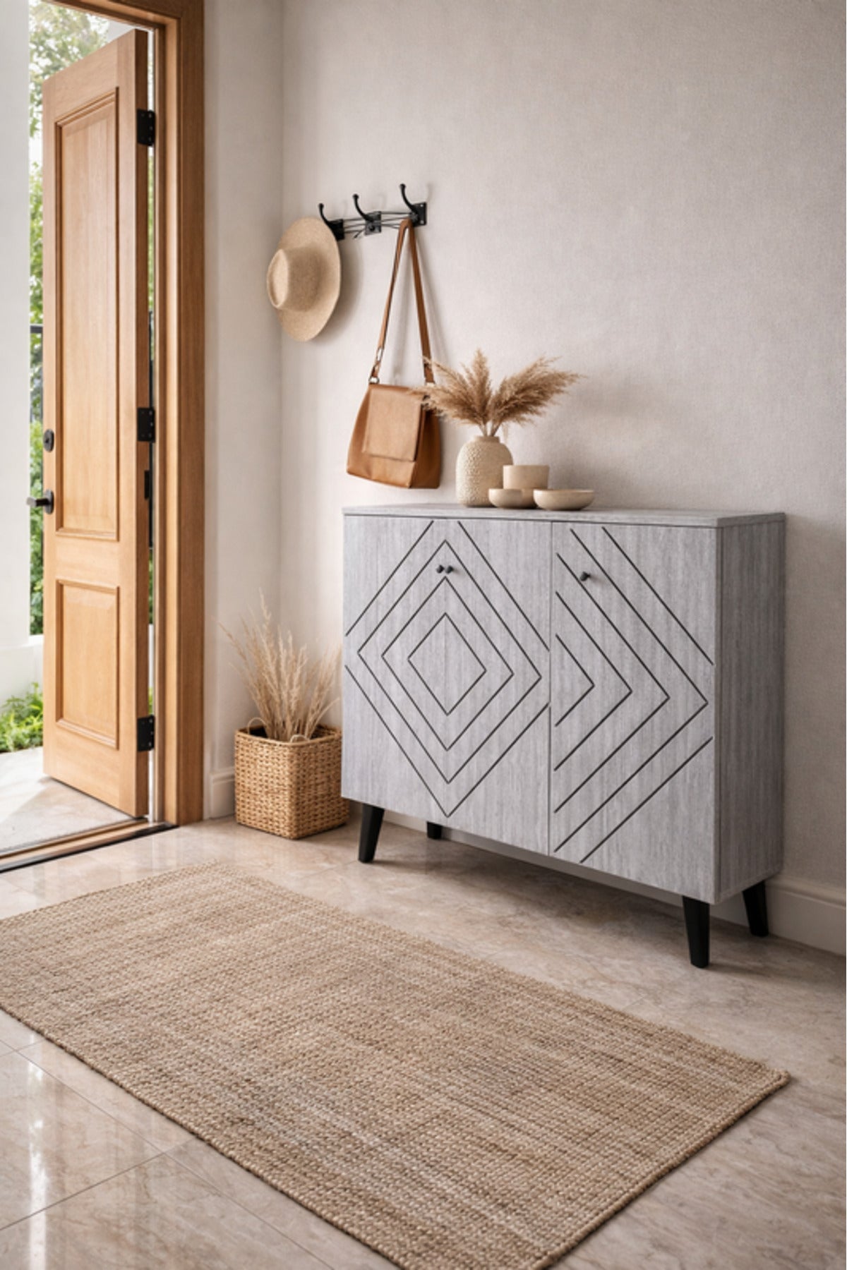 Elegant Grey Shoe Cabinet Geometric Pattern 3-Door Hallway Storage Organizer Unit 120cm